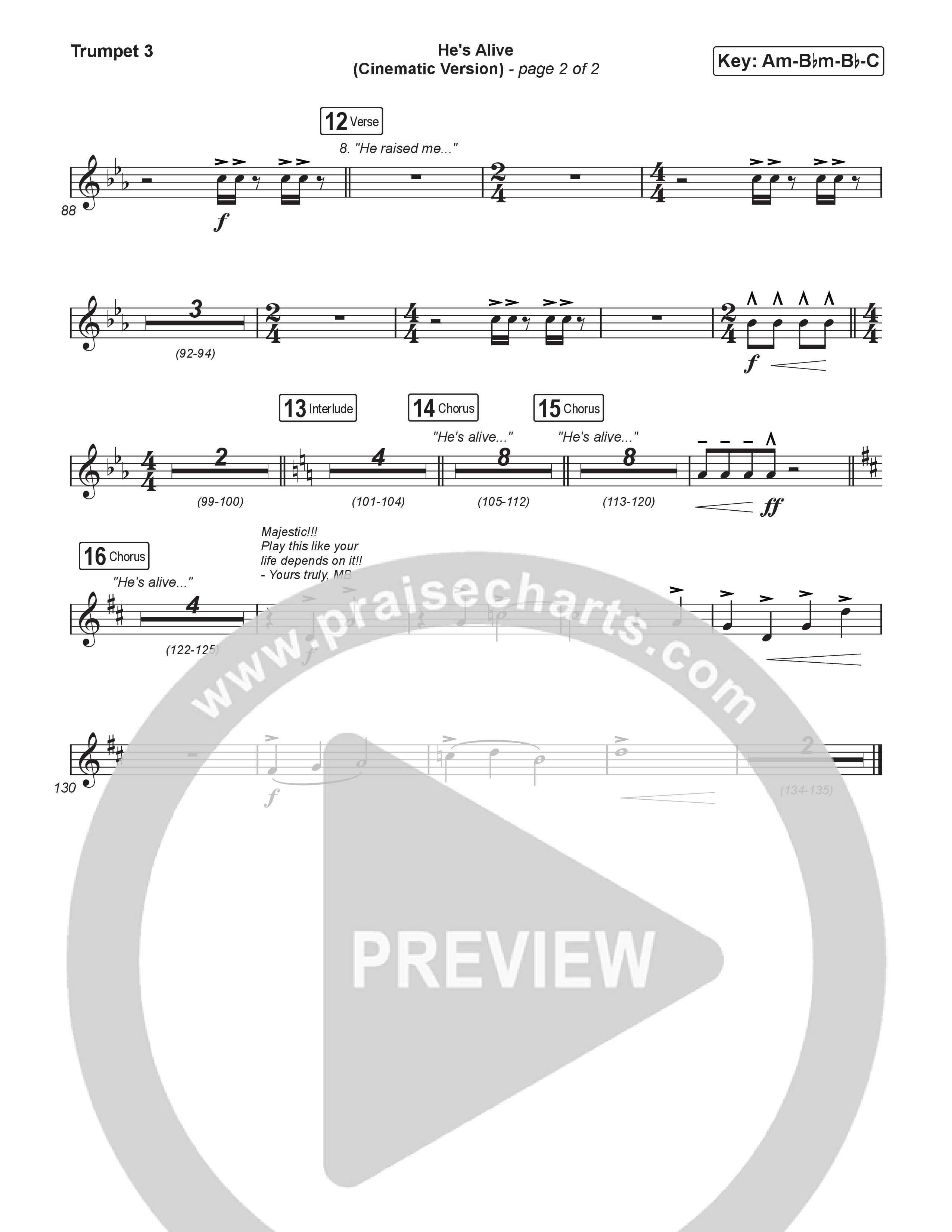 He's Alive (Cinematic Version) (Choral/SATB) Trumpet 3 (Travis Cottrell / Arr. Mason Brown)