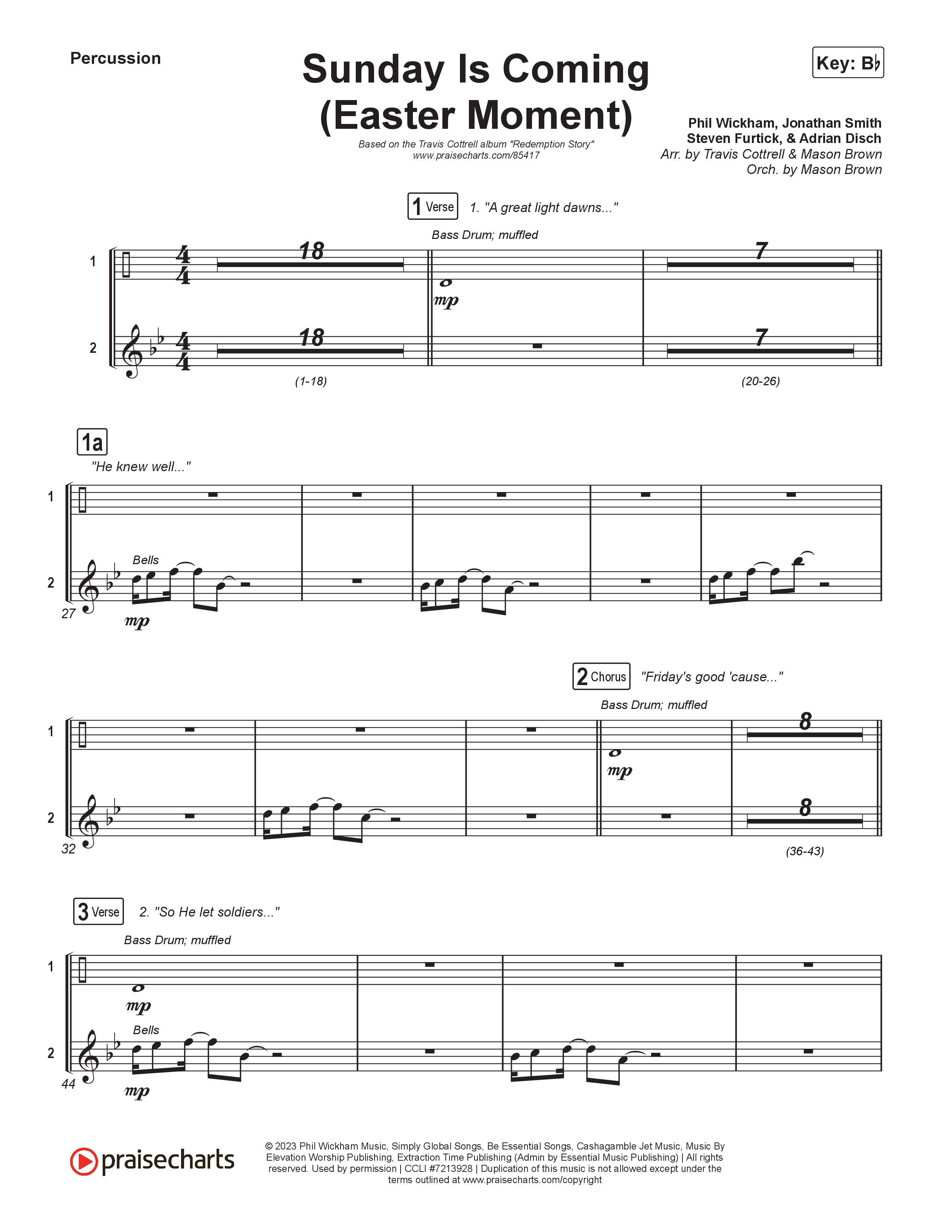 Sunday Is Coming (An Easter Moment) (Choral/SATB) Percussion (Travis Cottrell / Arr. Mason Brown)