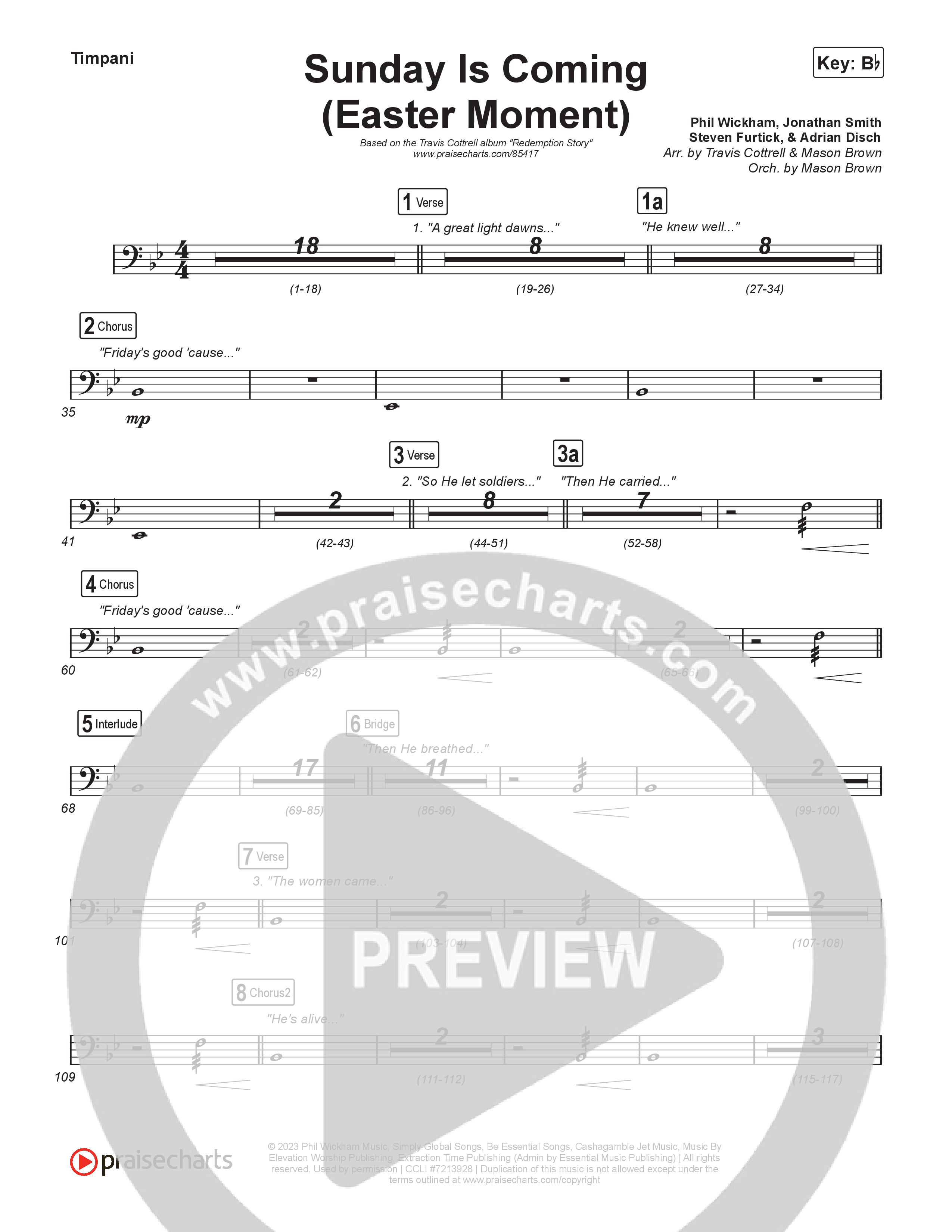 Sunday Is Coming (An Easter Moment) (Choral/SATB) Timpani (Travis Cottrell / Arr. Mason Brown)
