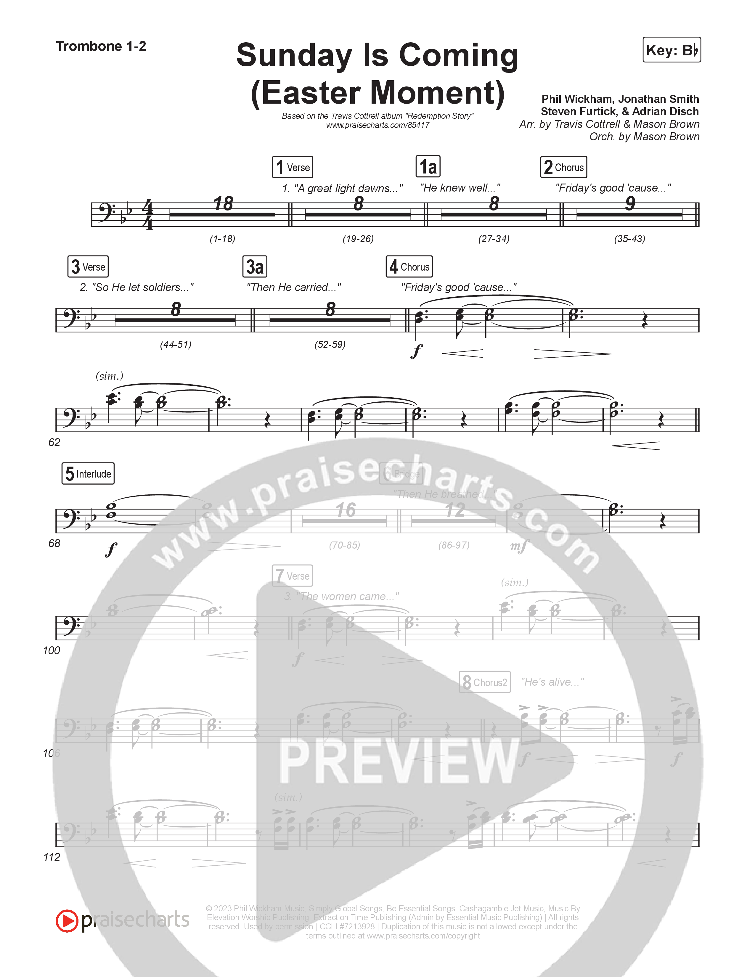 Sunday Is Coming (An Easter Moment) (Choral/SATB) Trombone 1/2 (Travis Cottrell / Arr. Mason Brown)