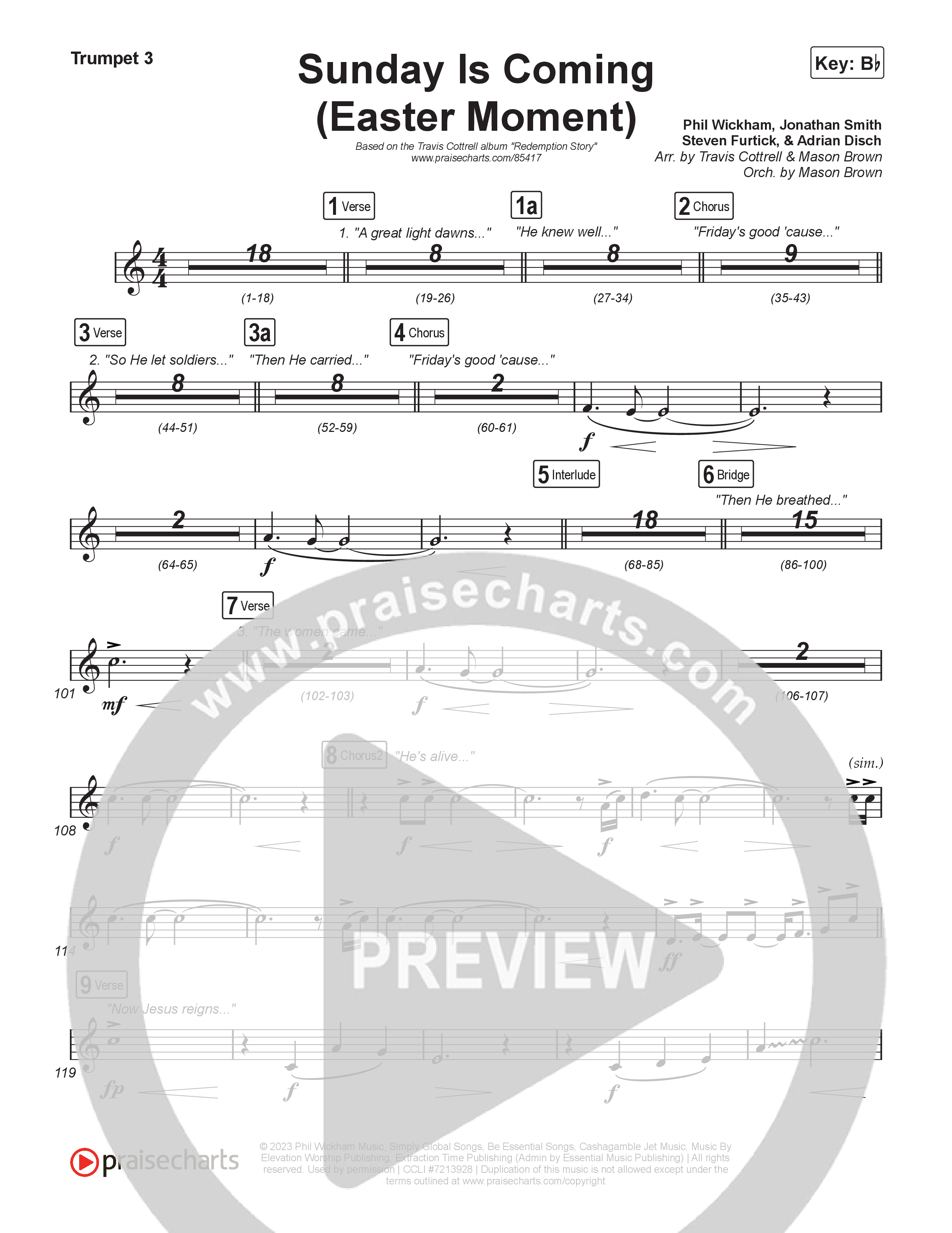 Sunday Is Coming (An Easter Moment) (Choral/SATB) Trumpet 1,2 (Travis Cottrell / Arr. Mason Brown)