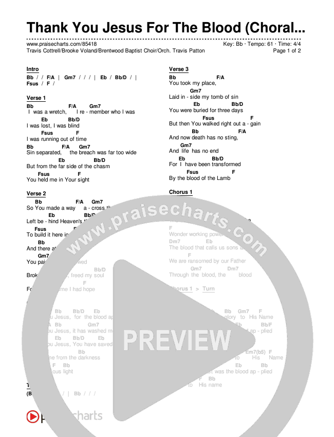 Thank You Jesus For The Blood (Choral/SATB) Chords & Lyrics (Travis Cottrell / Brooke Voland / Brentwood Baptist Choir / Orch. Travis Patton)