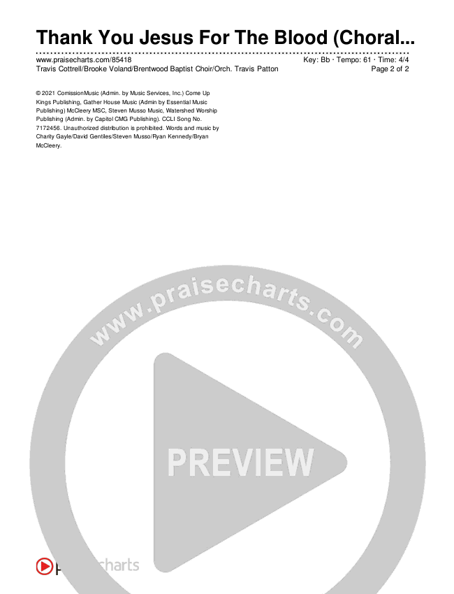 Thank You Jesus For The Blood (Choral/SATB) Chords & Lyrics (Travis Cottrell / Brooke Voland / Brentwood Baptist Choir / Orch. Travis Patton)