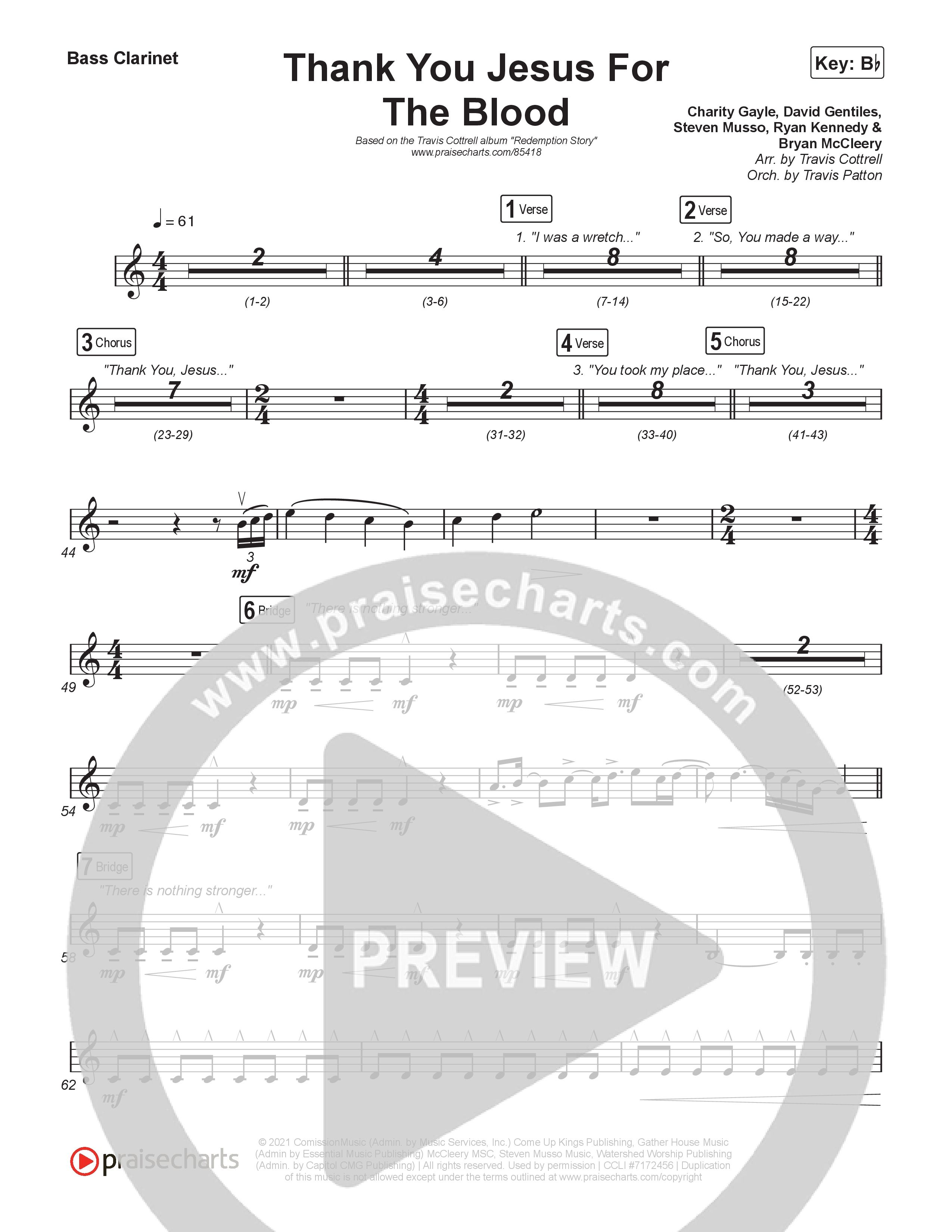 Thank You Jesus For The Blood (Choral/SATB) Bass Clarinet (Travis Cottrell / Brooke Voland / Brentwood Baptist Choir / Orch. Travis Patton)
