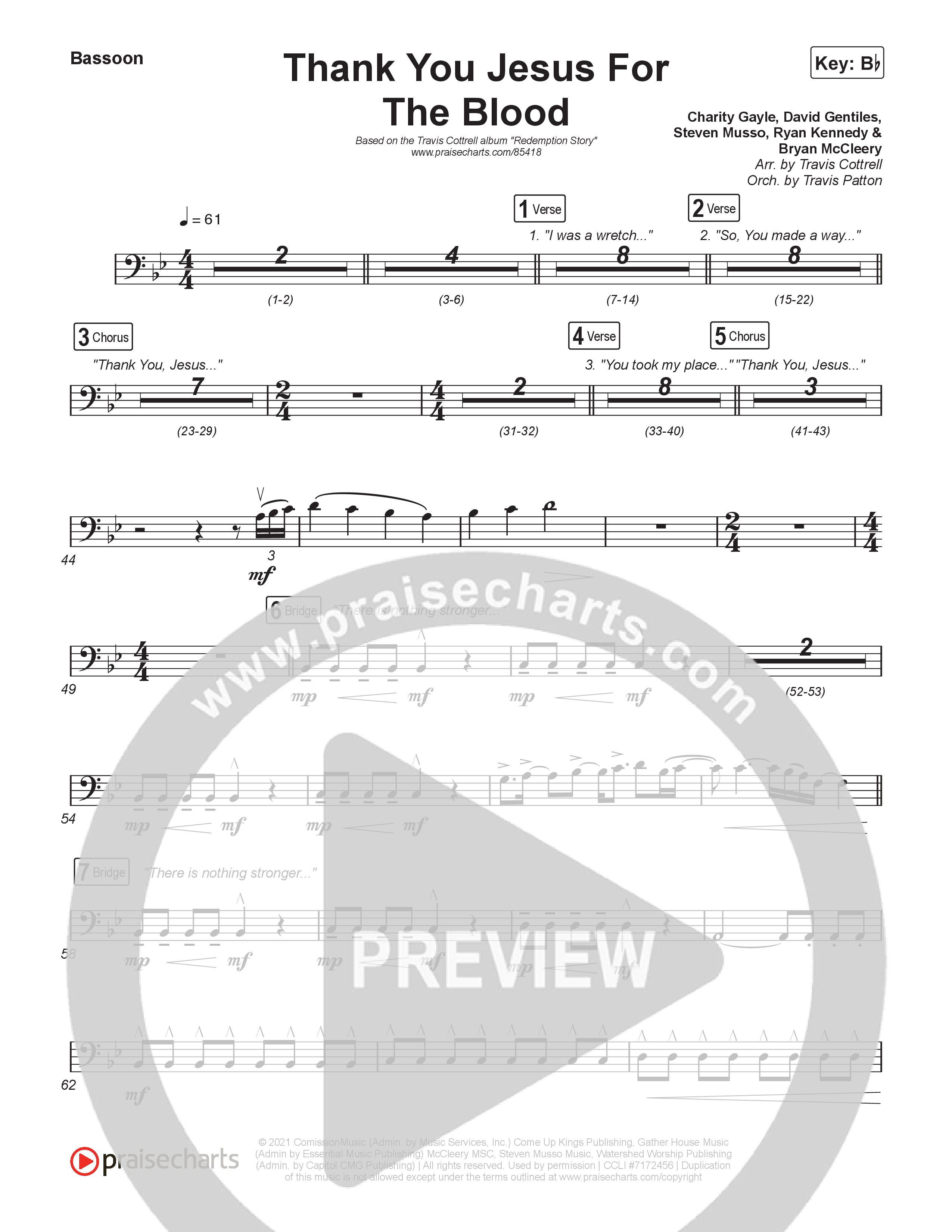 Thank You Jesus For The Blood (Choral/SATB) Bassoon (Travis Cottrell / Brooke Voland / Brentwood Baptist Choir / Orch. Travis Patton)