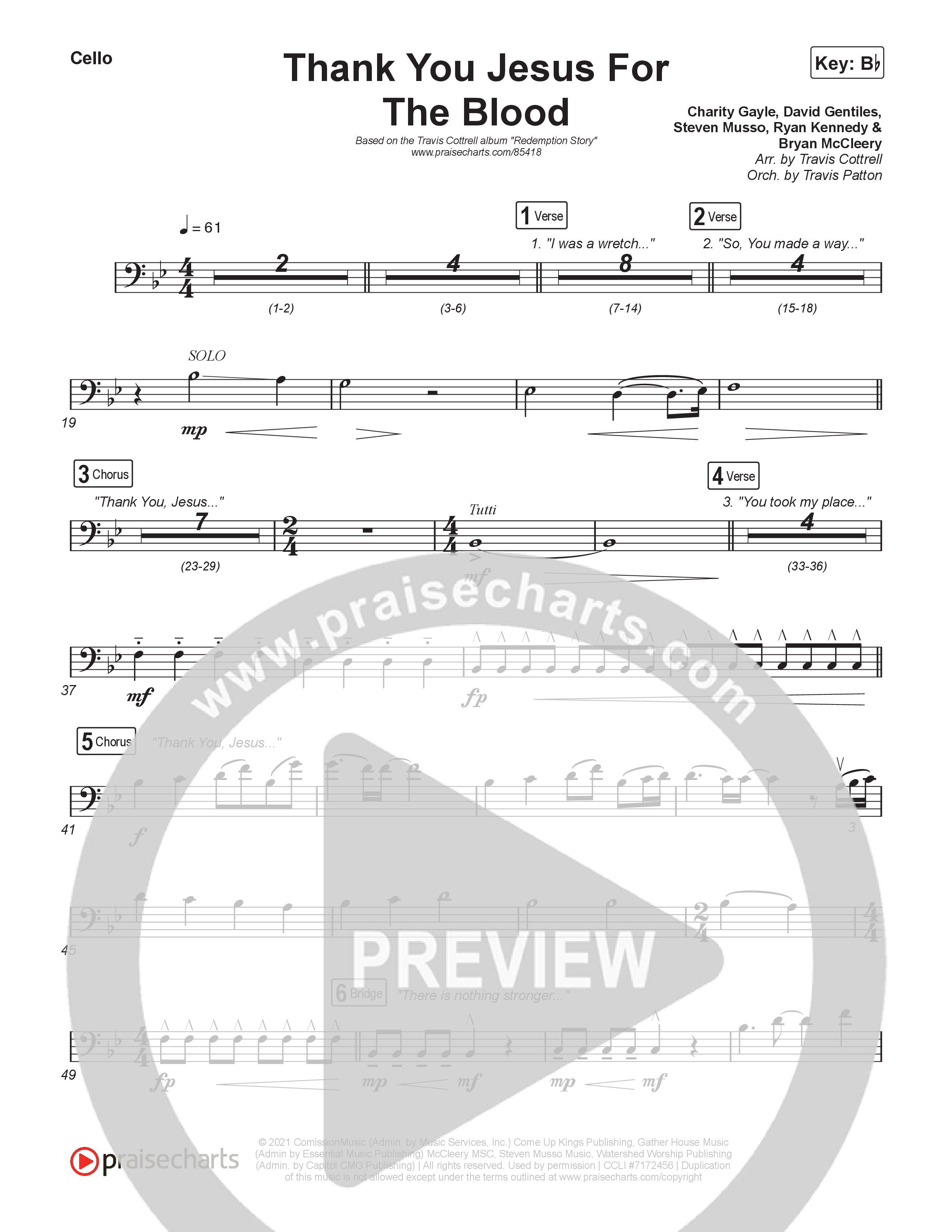 Thank You Jesus For The Blood (Choral/SATB) Cello (Travis Cottrell / Brooke Voland / Brentwood Baptist Choir / Orch. Travis Patton)