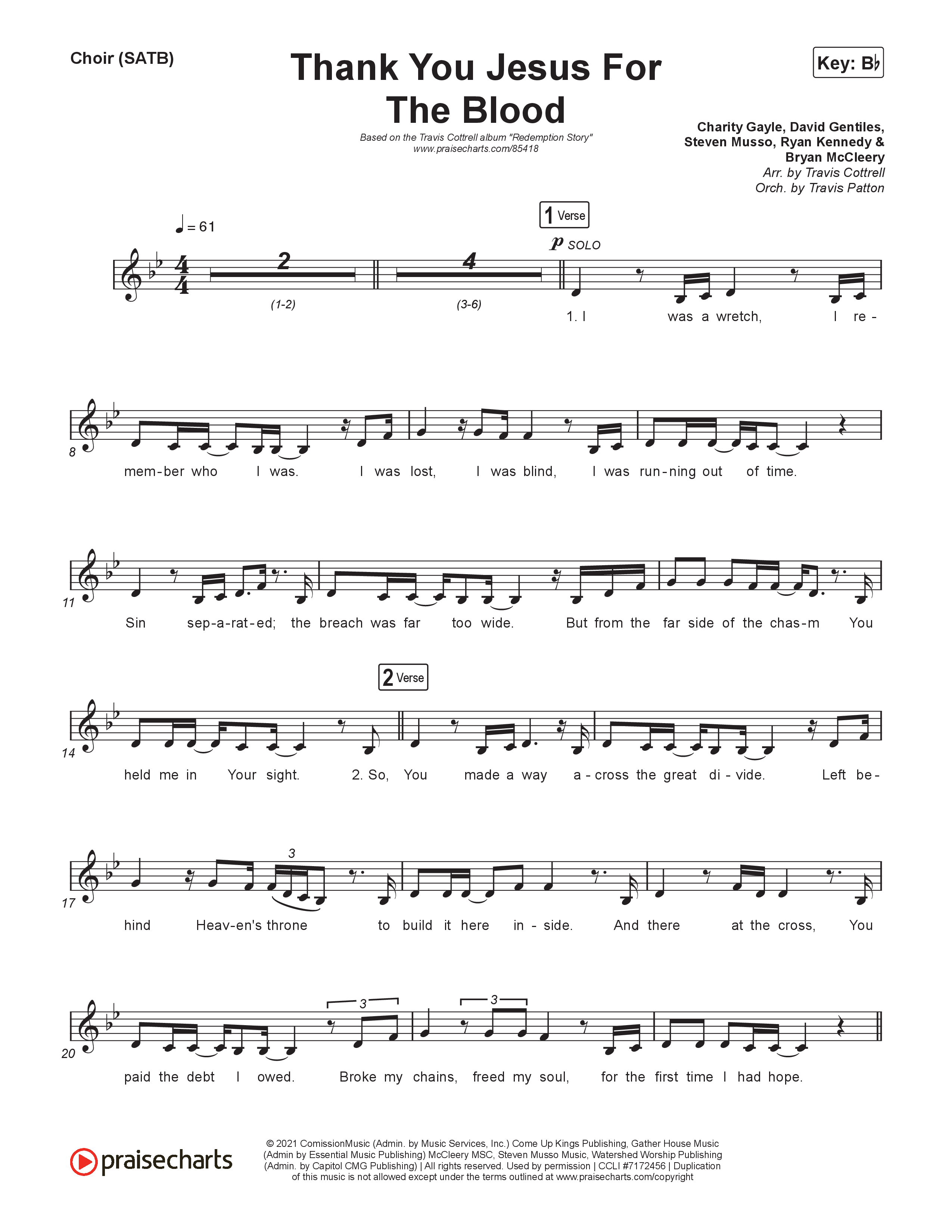 Thank You Jesus For The Blood (Choral/SATB) Choir Sheet (SATB) (Travis Cottrell / Brooke Voland / Brentwood Baptist Choir / Orch. Travis Patton)