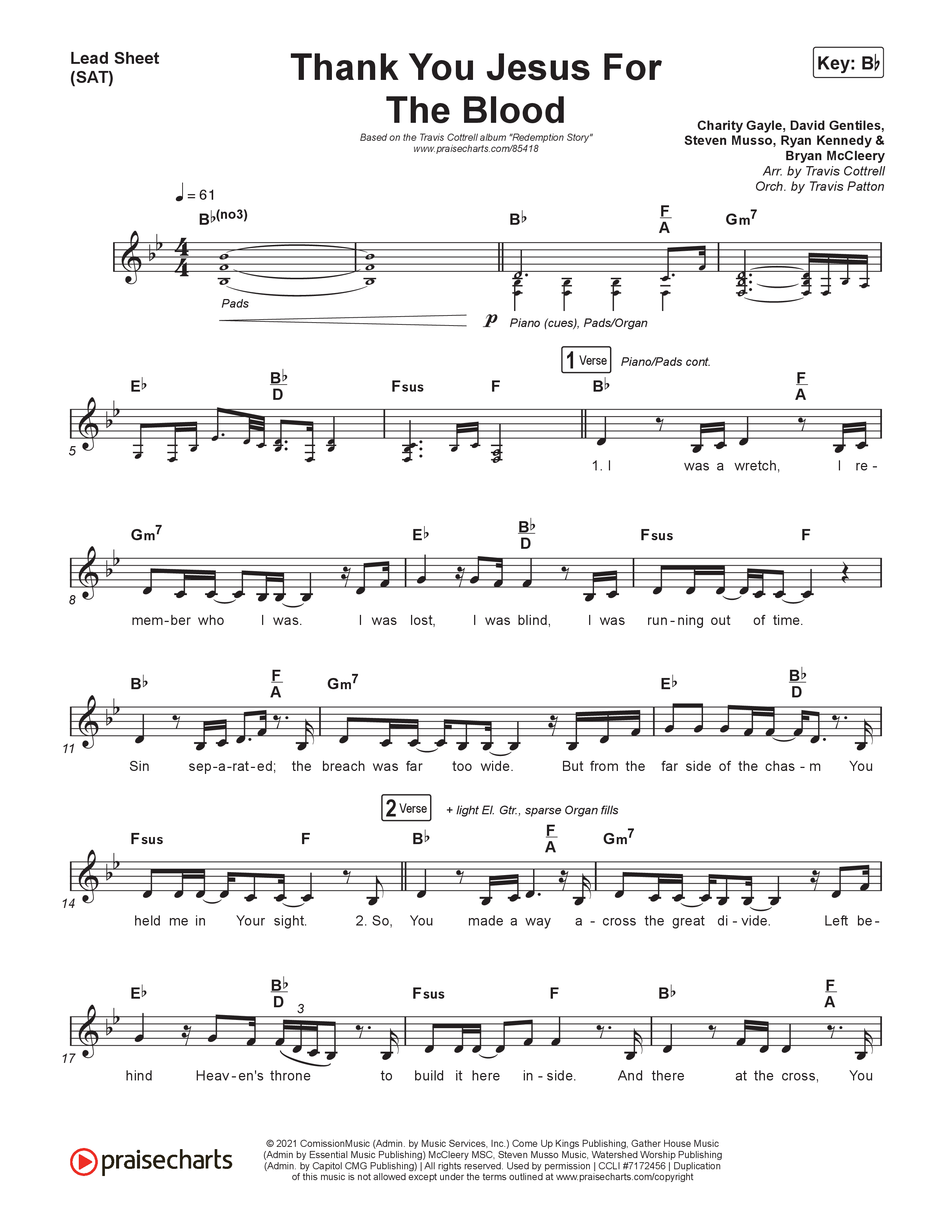 Thank You Jesus For The Blood (Choral/SATB) Lead Sheet (SAT) (Travis Cottrell / Brooke Voland / Brentwood Baptist Choir / Orch. Travis Patton)