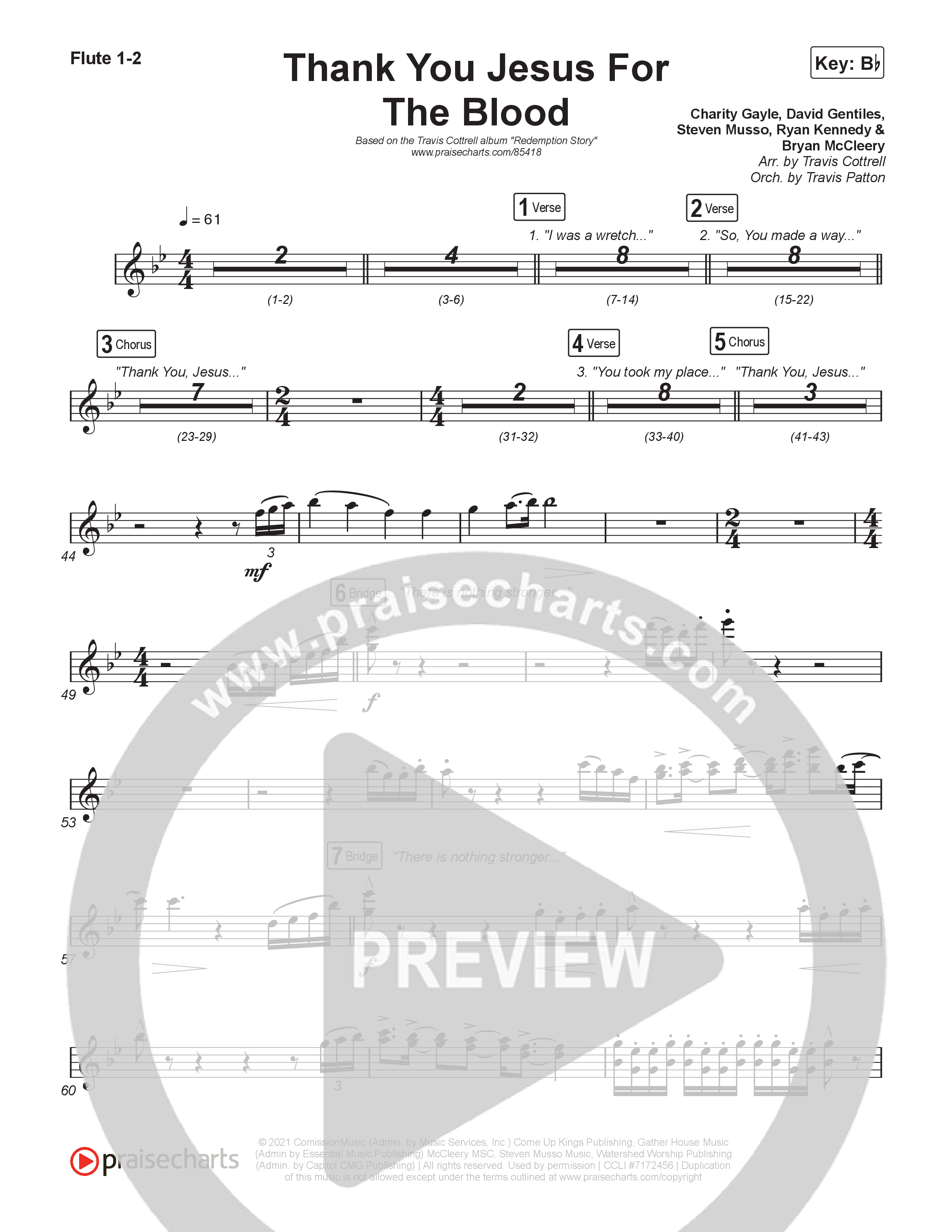Thank You Jesus For The Blood (Choral/SATB) Flute 1,2 (Travis Cottrell / Brooke Voland / Brentwood Baptist Choir / Orch. Travis Patton)