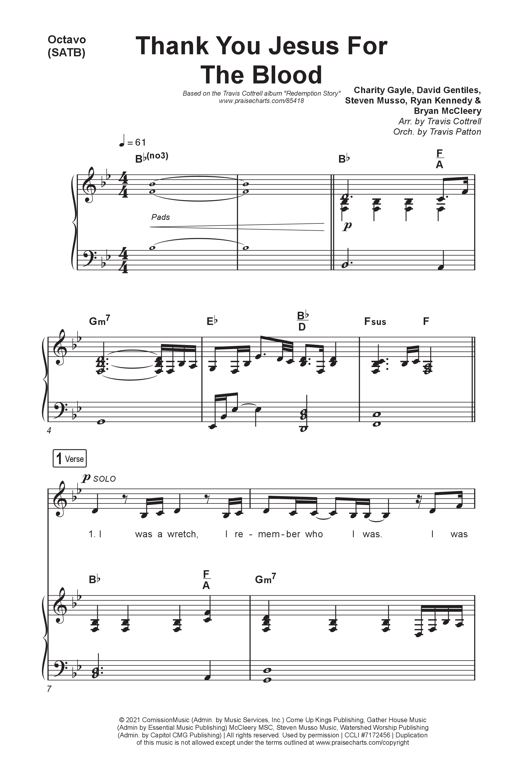 Thank You Jesus For The Blood (Choral/SATB) Octavo (SATB & Pno) (Travis Cottrell / Brooke Voland / Brentwood Baptist Choir / Orch. Travis Patton)
