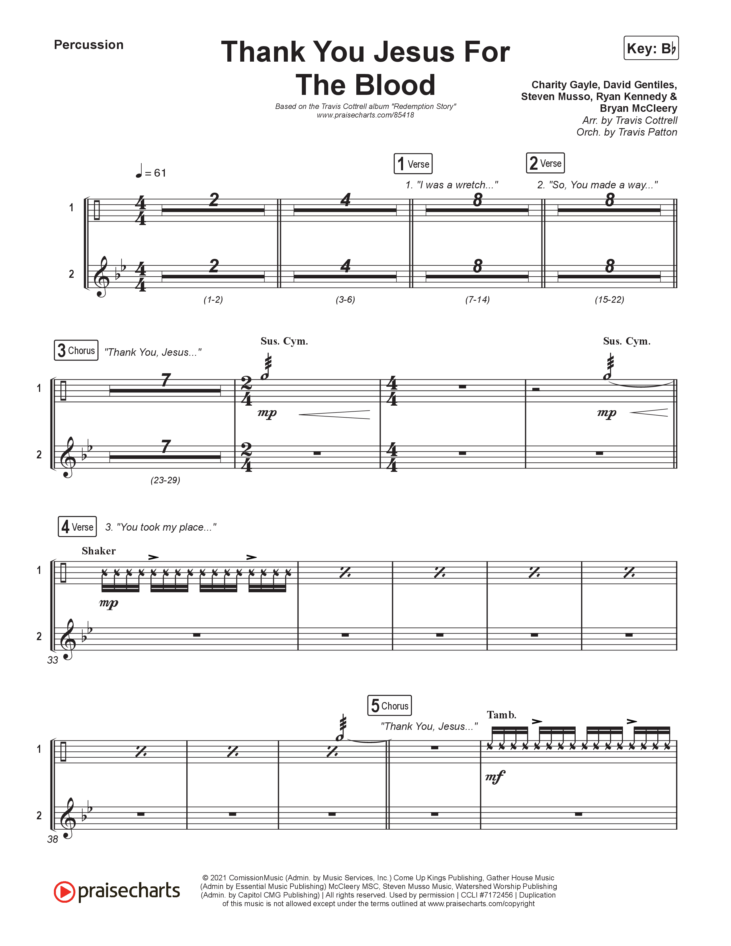 Thank You Jesus For The Blood (Choral/SATB) Percussion (Travis Cottrell / Brooke Voland / Brentwood Baptist Choir / Orch. Travis Patton)