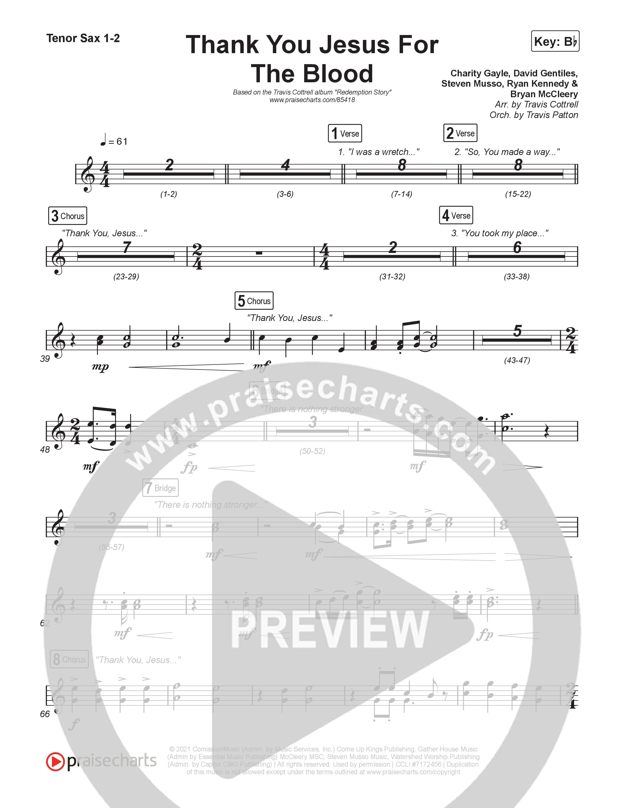 Thank You Jesus For The Blood (Choral/SATB) Tenor Sax 1,2 (Travis Cottrell / Brooke Voland / Brentwood Baptist Choir / Orch. Travis Patton)