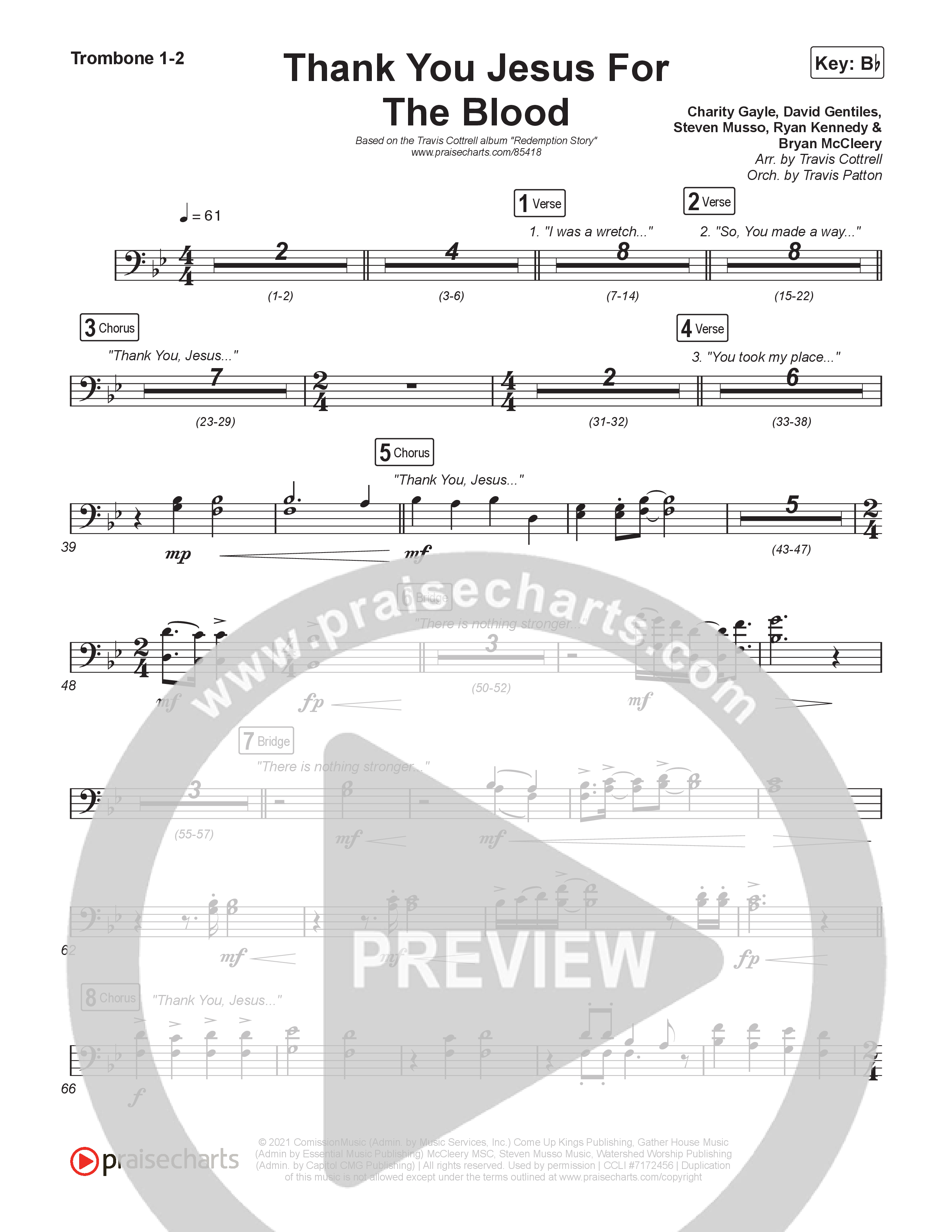Thank You Jesus For The Blood (Choral/SATB) Trombone 1/2 (Travis Cottrell / Brooke Voland / Brentwood Baptist Choir / Orch. Travis Patton)