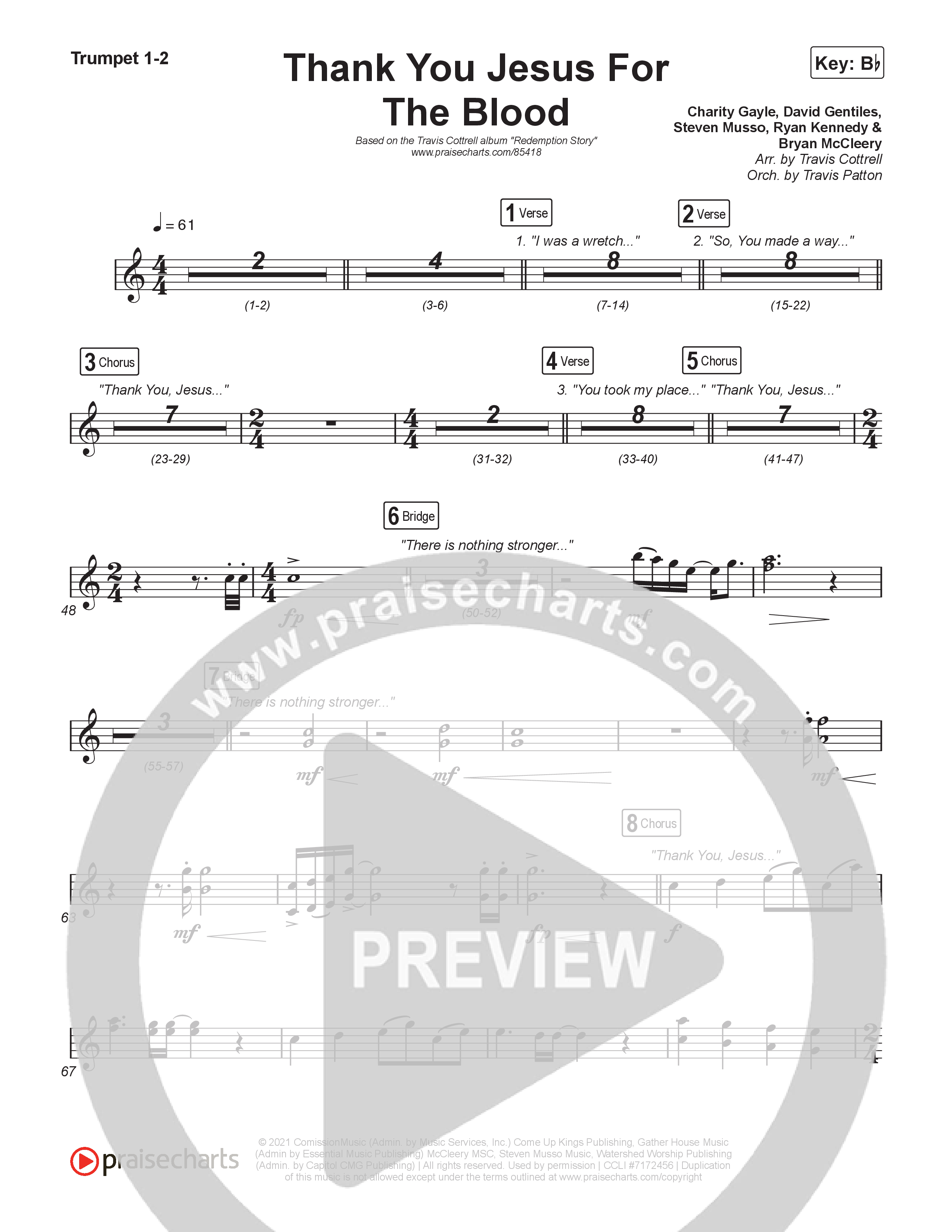 Thank You Jesus For The Blood (Choral/SATB) Trumpet 1,2 (Travis Cottrell / Brooke Voland / Brentwood Baptist Choir / Orch. Travis Patton)