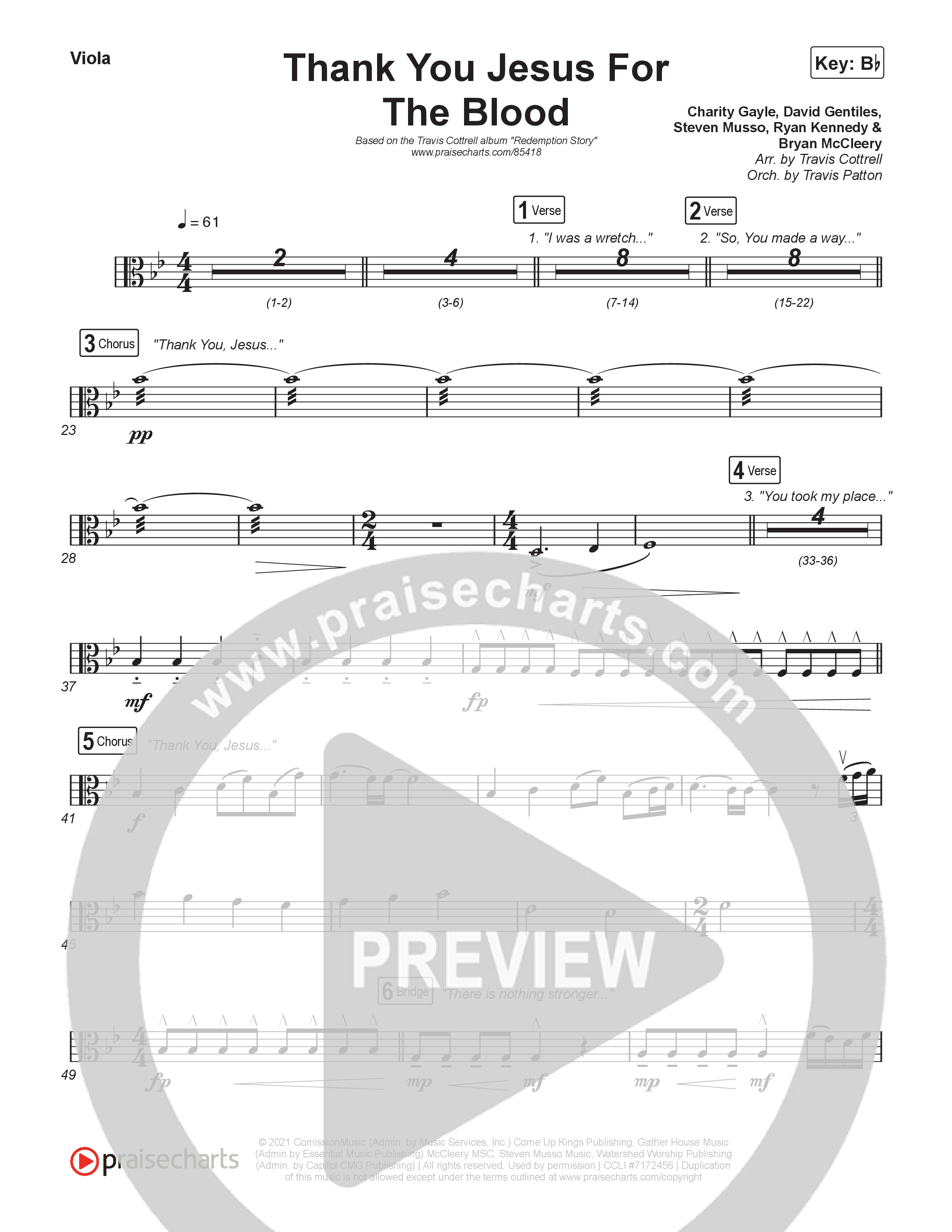 Thank You Jesus For The Blood (Choral/SATB) Viola (Travis Cottrell / Brooke Voland / Brentwood Baptist Choir / Orch. Travis Patton)