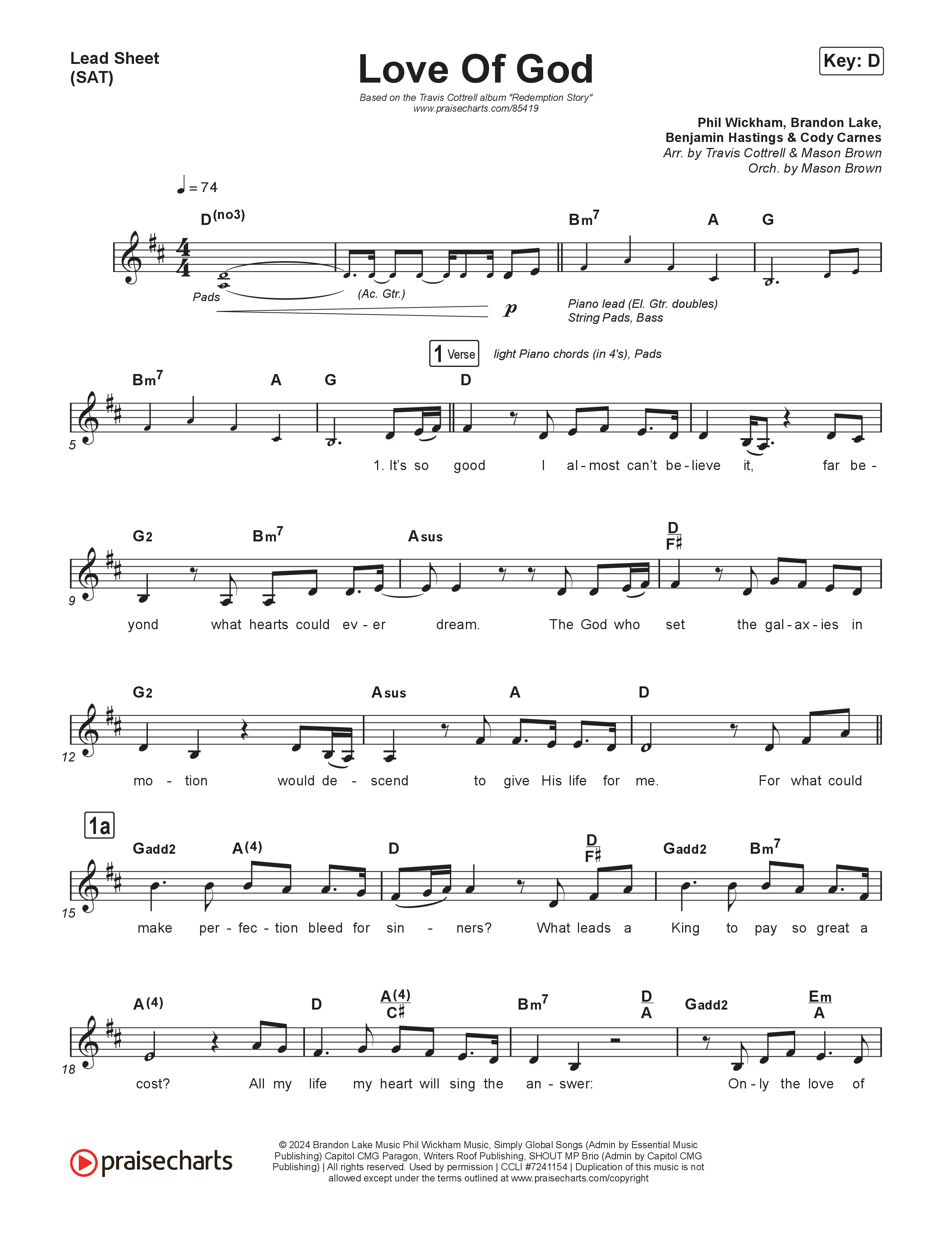 Love Of God (Choral/SATB) Lead Sheet (SAT) (Travis Cottrell / Arr. Mason Brown)