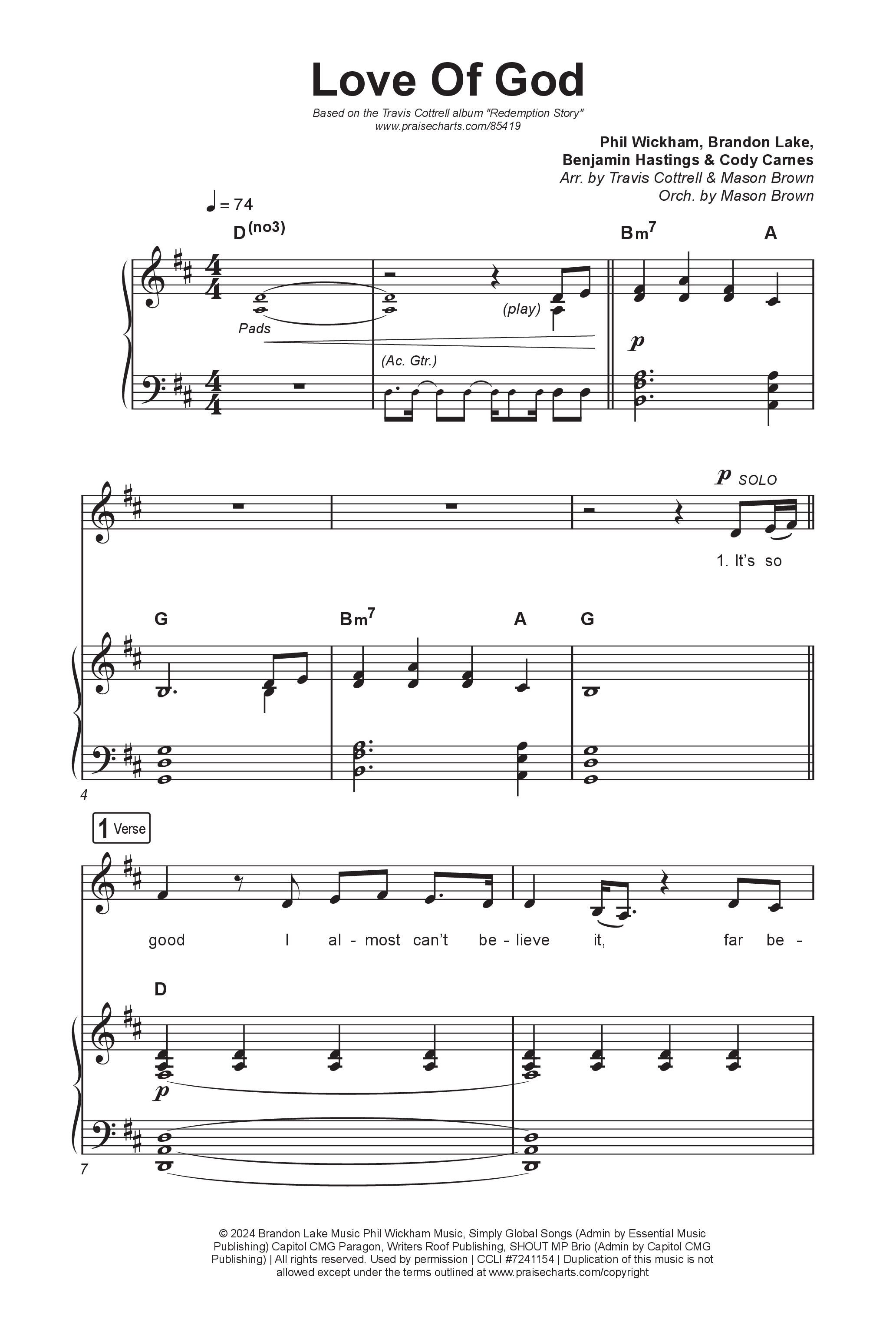 Love Of God (Choral/SATB) Octavo (SATB & Pno) (Travis Cottrell / Arr. Mason Brown)