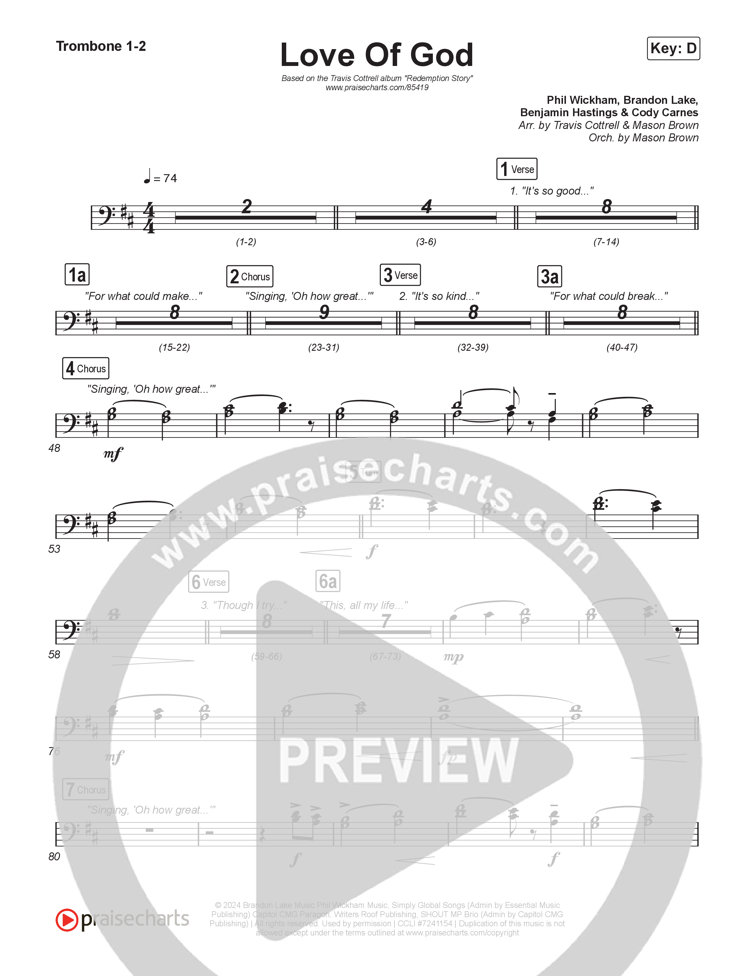 Love Of God (Choral/SATB) Trombone 1,2 (Travis Cottrell / Arr. Mason Brown)