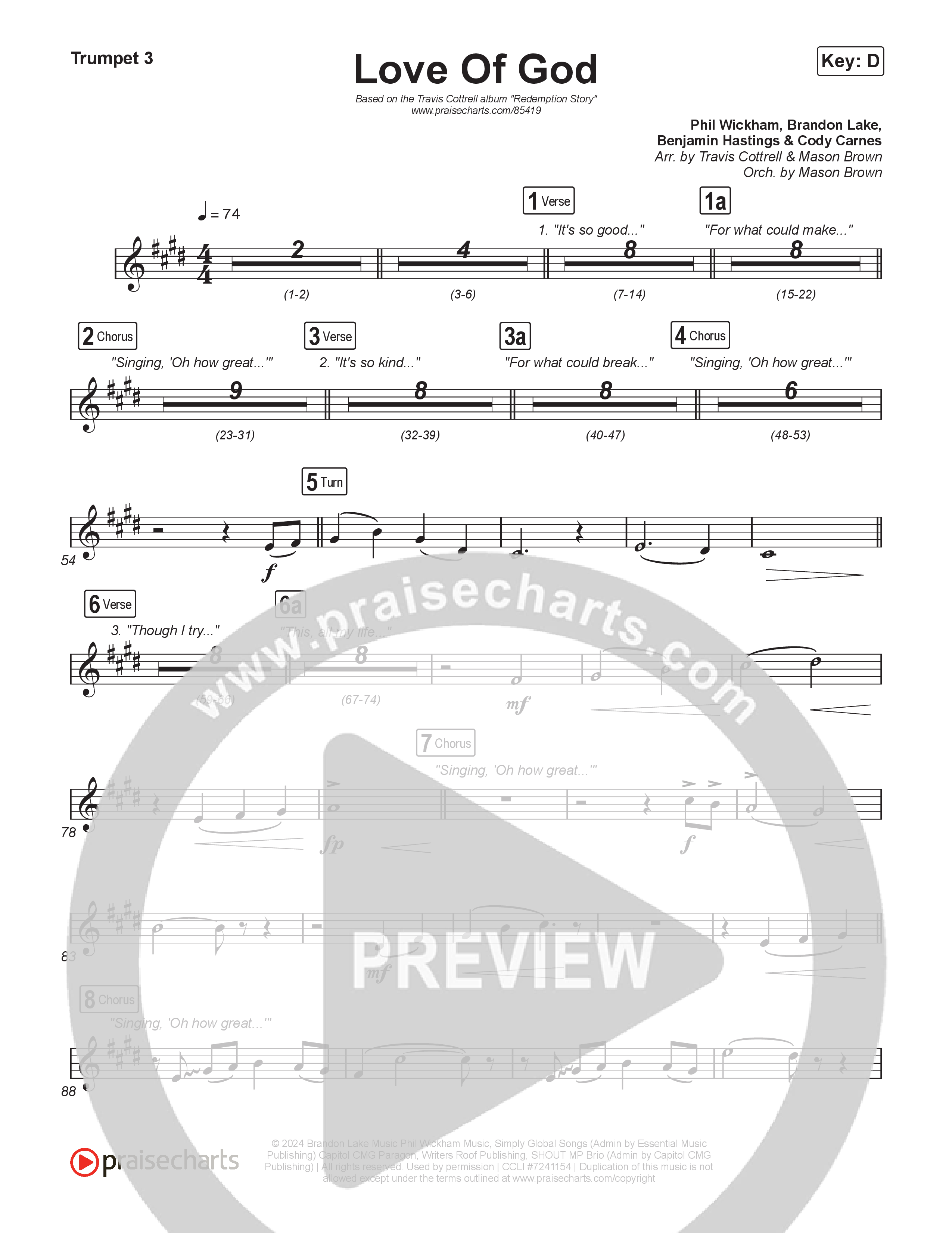 Love Of God (Choral/SATB) Trumpet 1,2 (Travis Cottrell / Arr. Mason Brown)