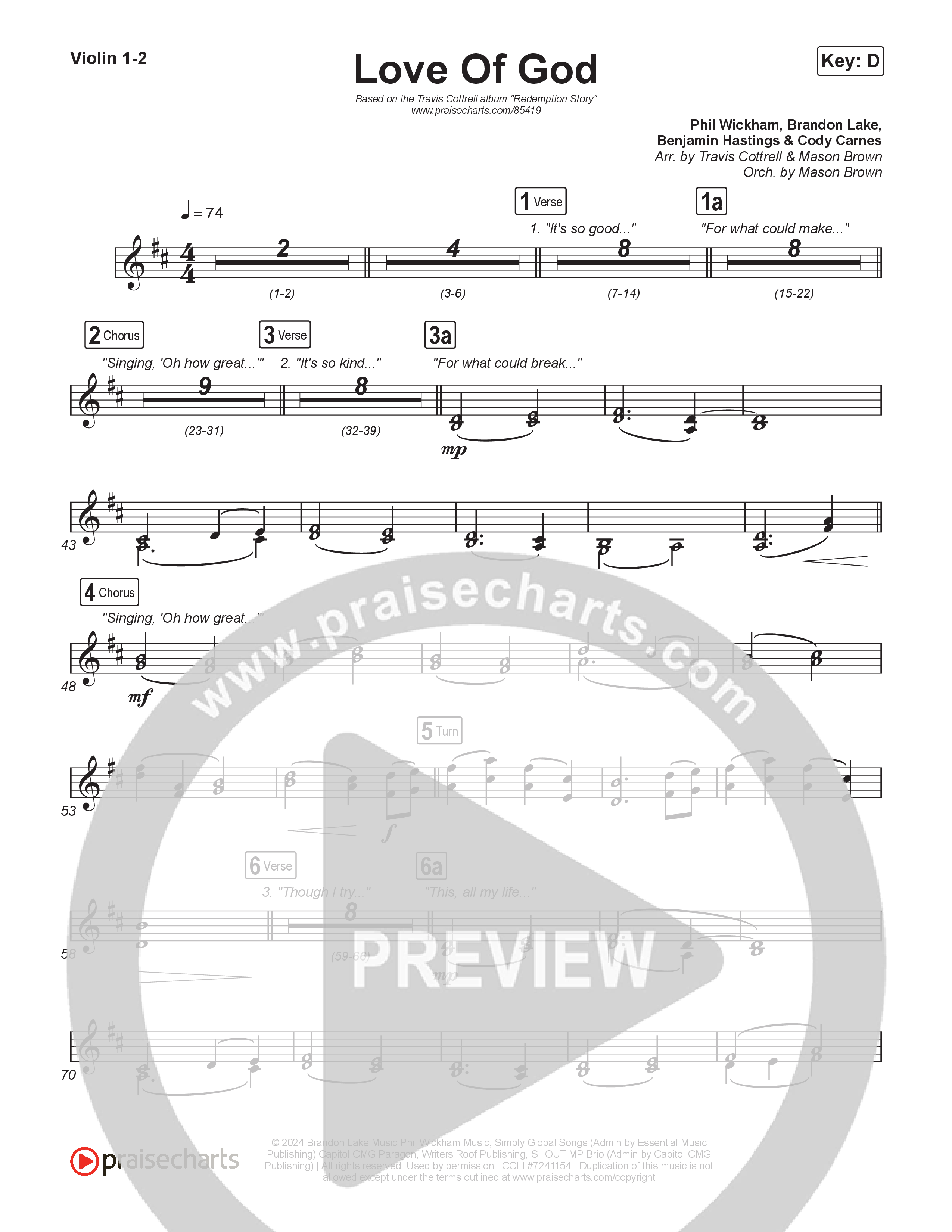 Love Of God (Choral/SATB) Violin 1,2 (Travis Cottrell / Arr. Mason Brown)