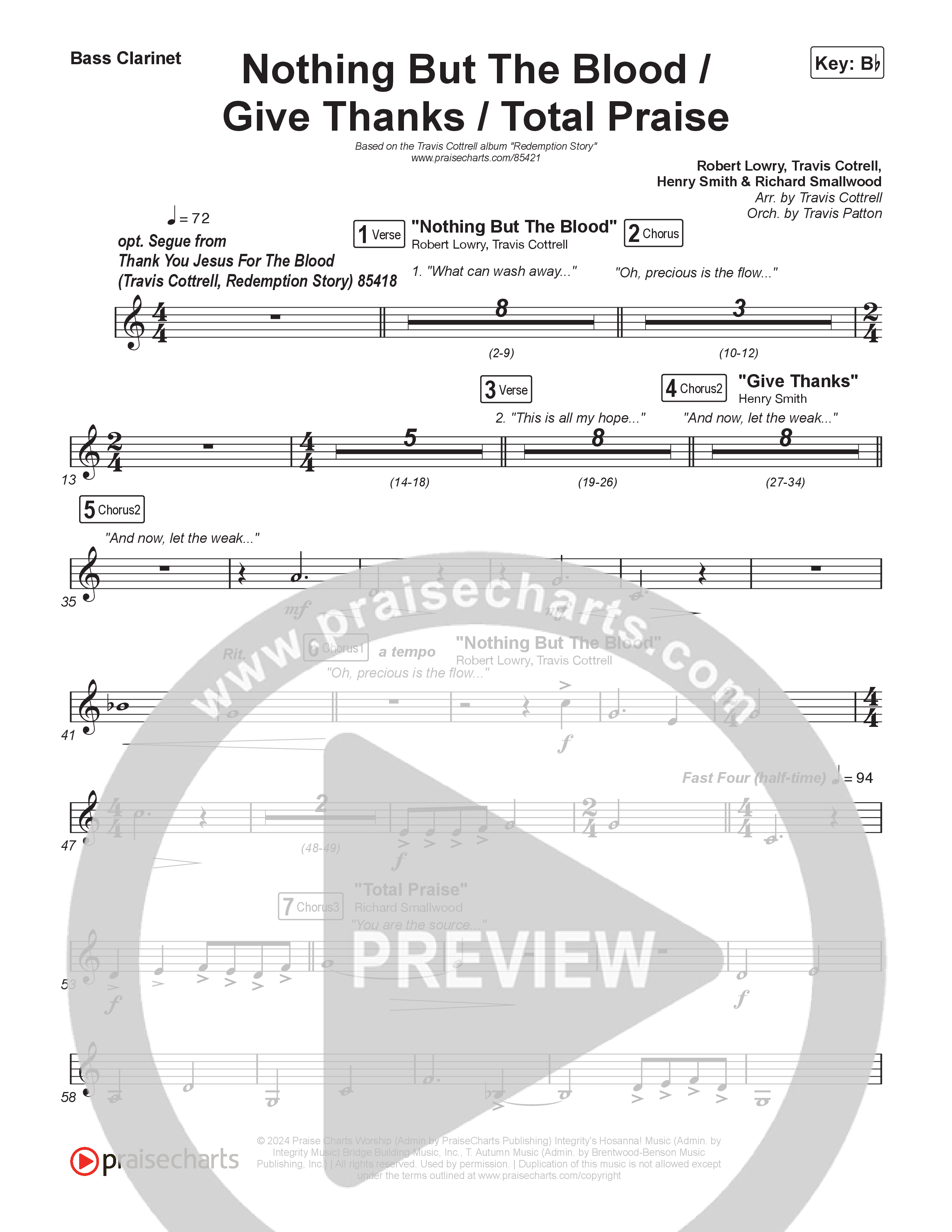 Nothing But The Blood/Give Thanks/Total Praise (Choral/SATB) Bass Clarinet (Travis Cottrell / Brooke Voland / Brentwood Baptist Choir / Orch. Travis Patton)