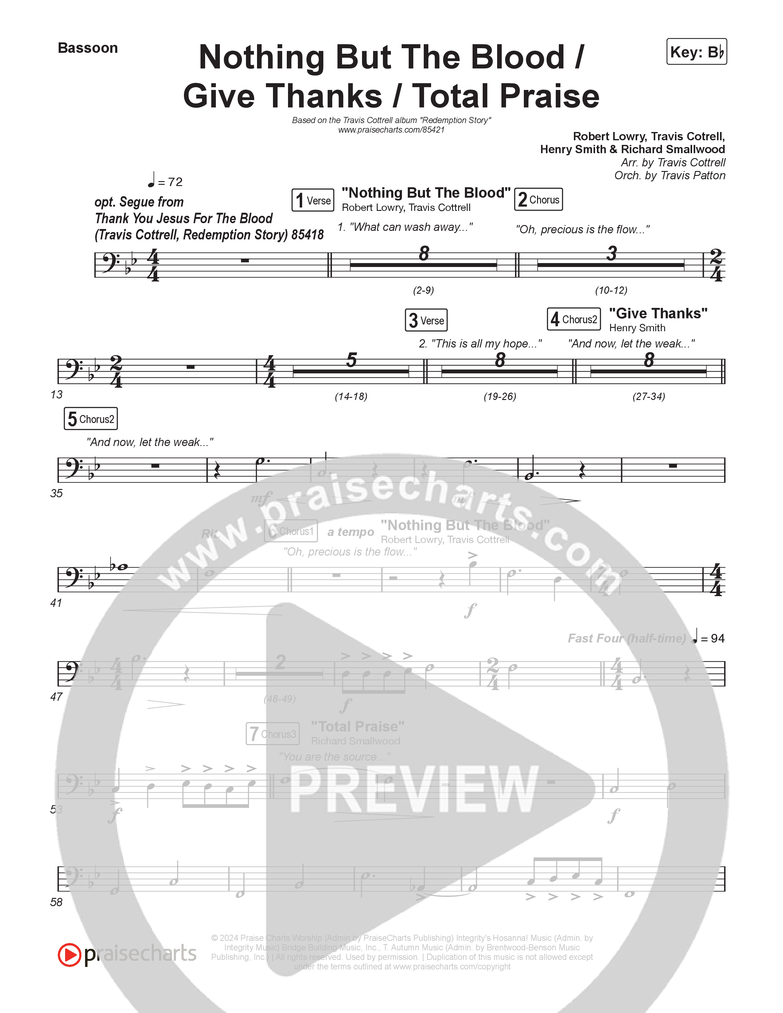 Nothing But The Blood/Give Thanks/Total Praise (Choral/SATB) Bassoon (Travis Cottrell / Brooke Voland / Brentwood Baptist Choir / Orch. Travis Patton)