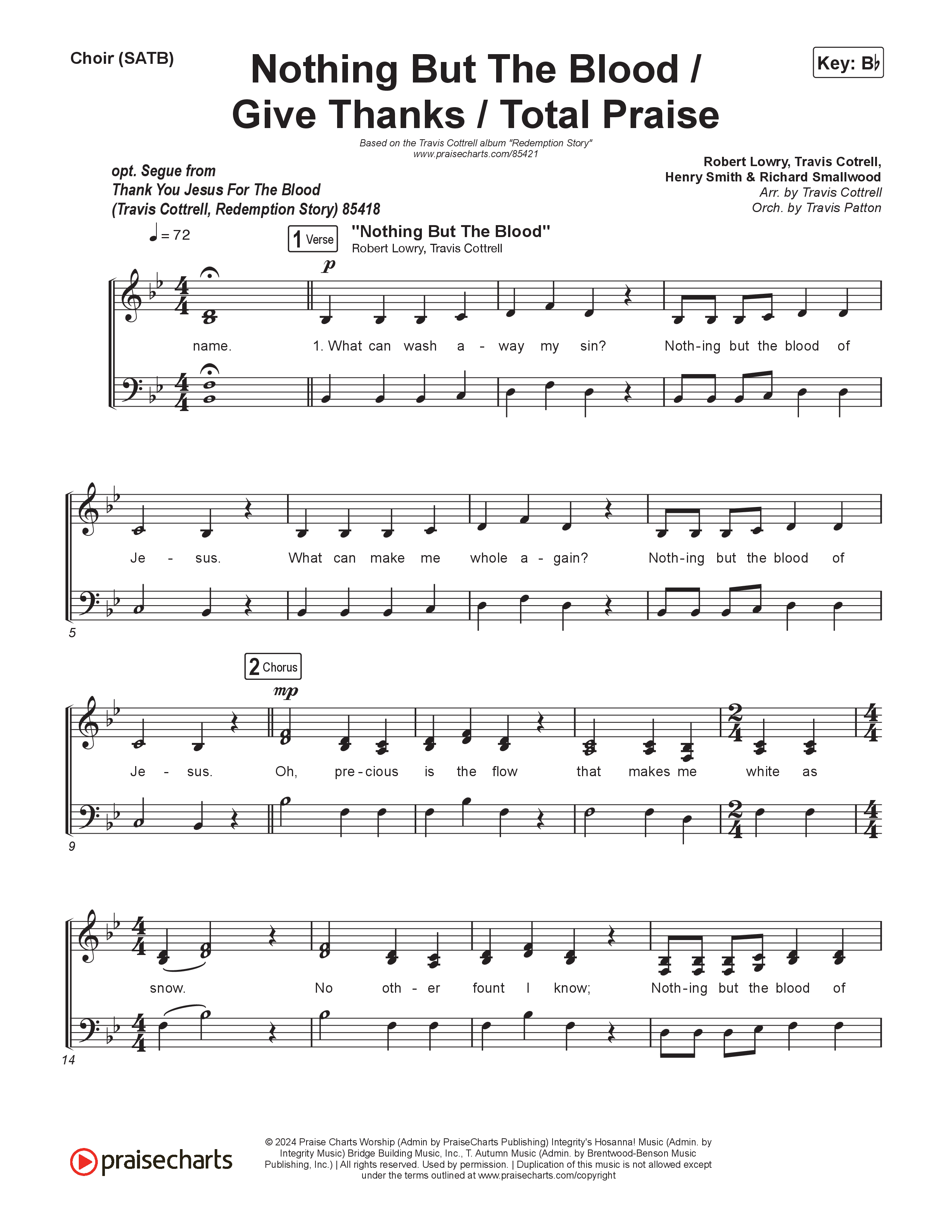 Nothing But The Blood/Give Thanks/Total Praise (Choral/SATB) Choir Sheet (SATB) (Travis Cottrell / Brooke Voland / Brentwood Baptist Choir / Orch. Travis Patton)