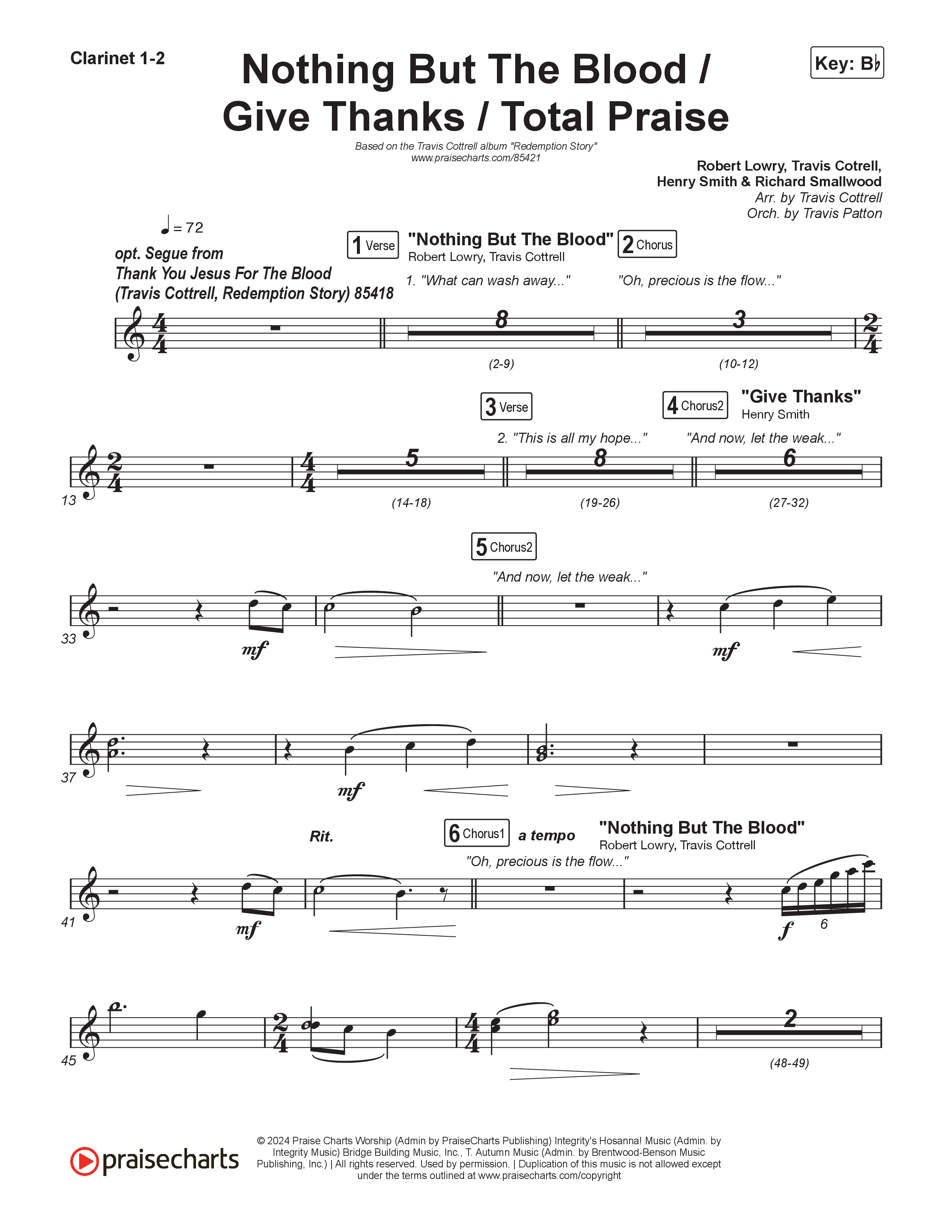 Nothing But The Blood/Give Thanks/Total Praise (Choral/SATB) Clarinet 1/2 (Travis Cottrell / Brooke Voland / Brentwood Baptist Choir / Orch. Travis Patton)