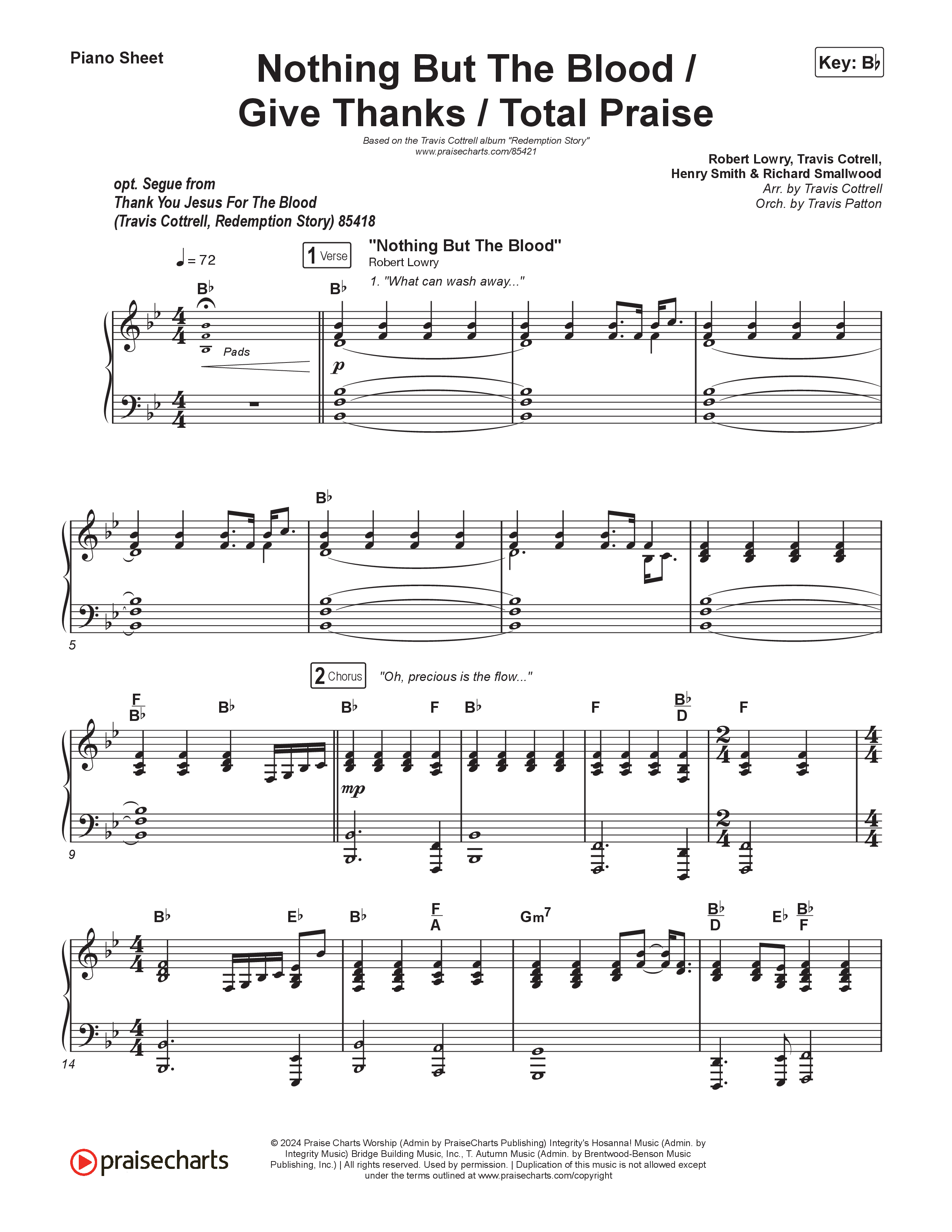 Nothing But The Blood/Give Thanks/Total Praise (Choral/SATB) Piano Sheet (Travis Cottrell / Brooke Voland / Brentwood Baptist Choir / Orch. Travis Patton)