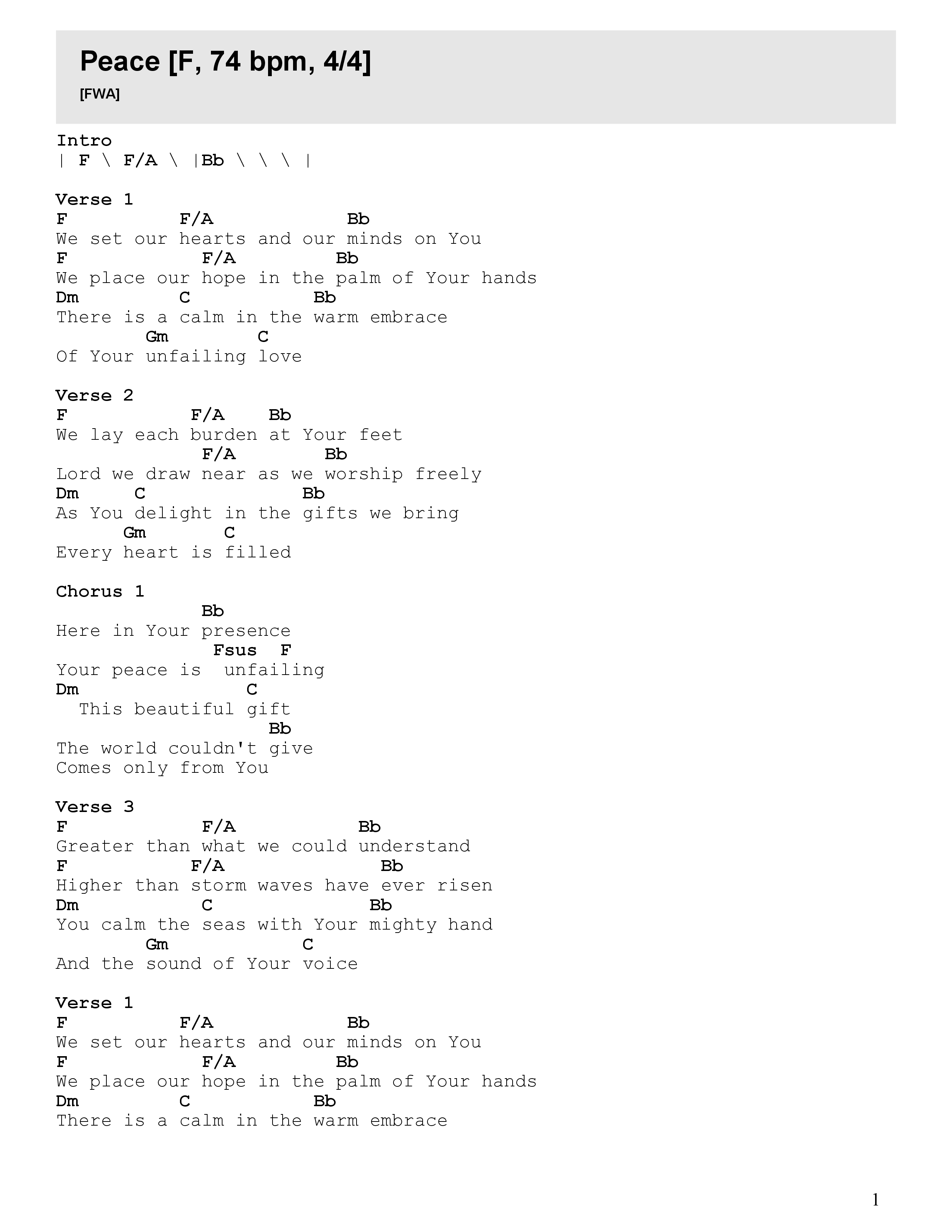 Peace (Live) Chord Chart (Faith Worship Arts)