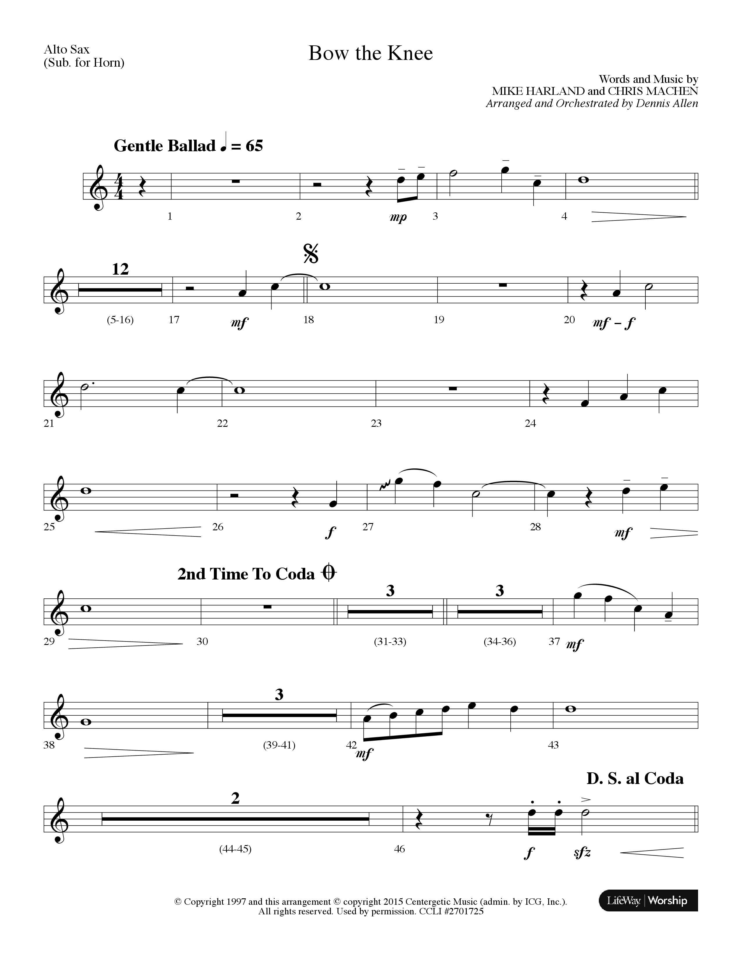 Bow The Knee (Choral Anthem SATB) Alto Sax (Lifeway Choral / Arr. Dennis Allen)