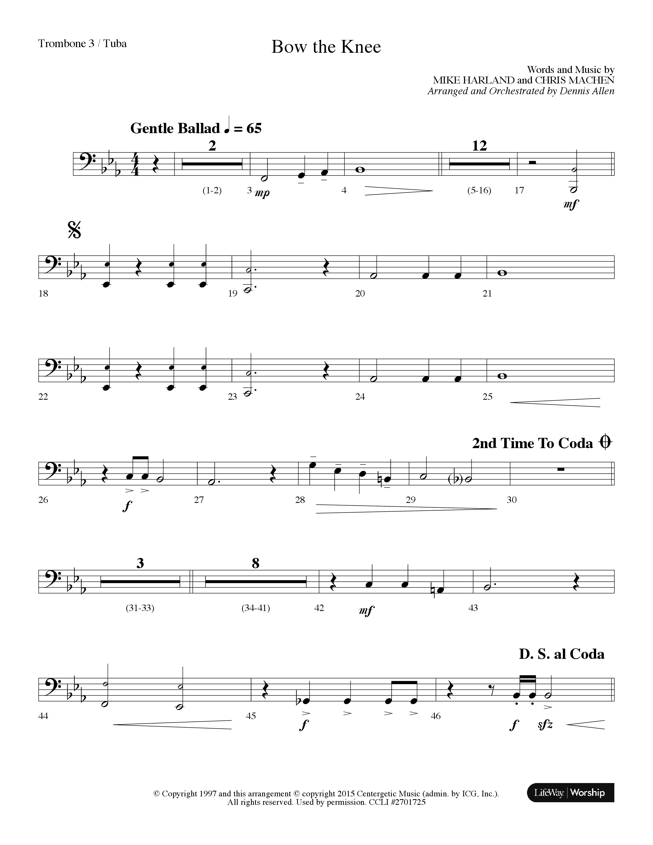Bow The Knee (Choral Anthem SATB) Trombone 3/Tuba (Lifeway Choral / Arr. Dennis Allen)
