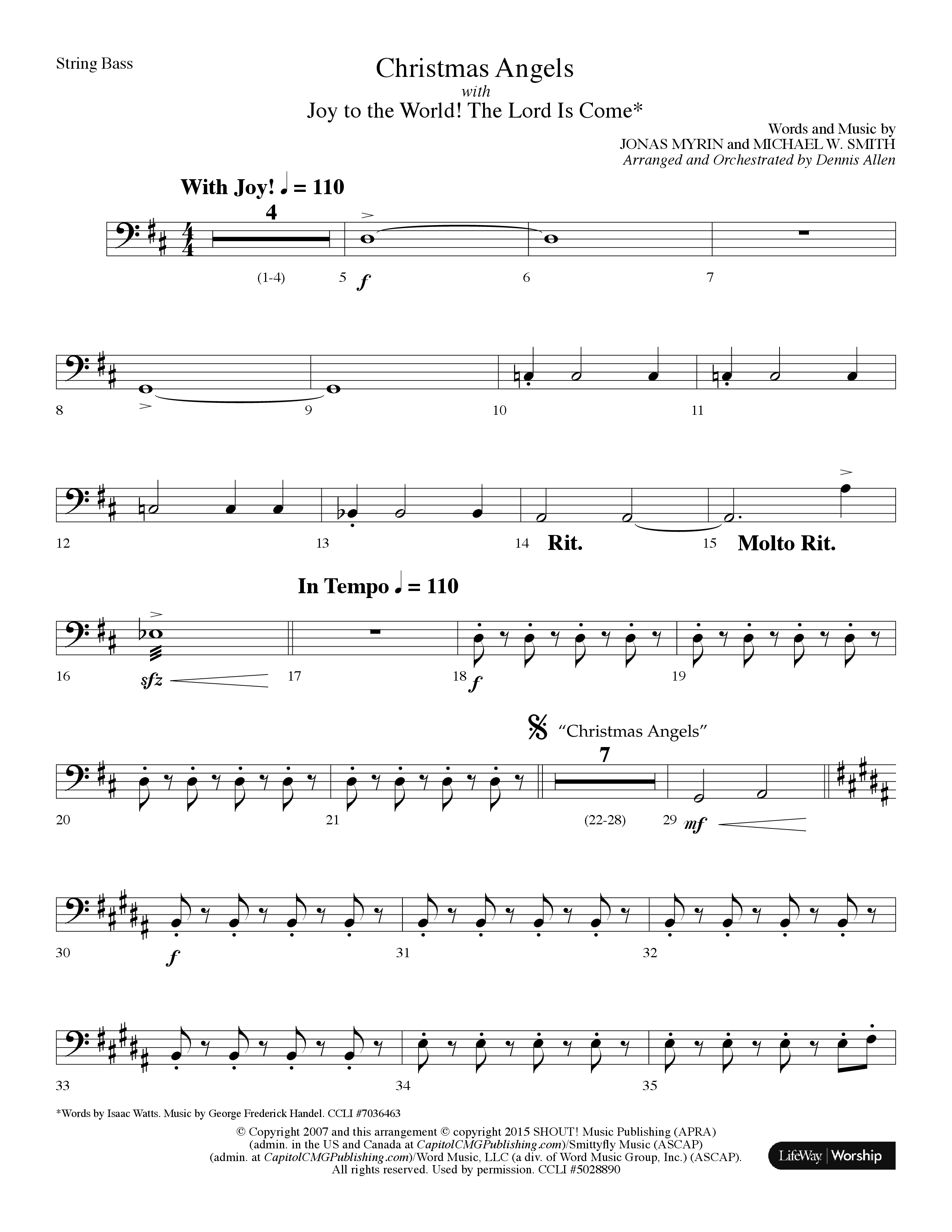 Christmas Angels (with Joy To The World The Lord Is Come) (Choral Anthem SATB) String Bass (Lifeway Choral / Arr. Dennis Allen)