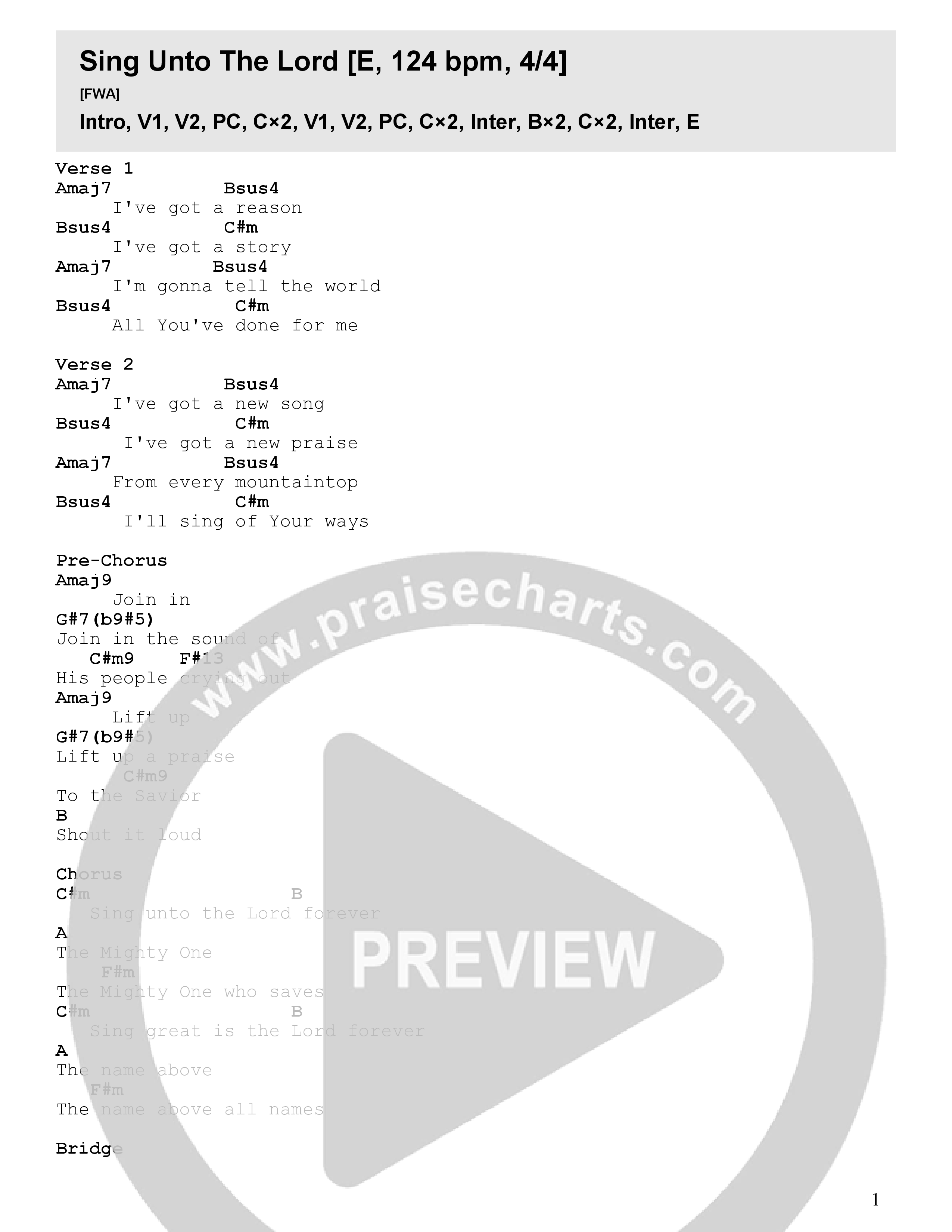 Sing Unto The Lord Chord Chart (Faith Worship Arts)