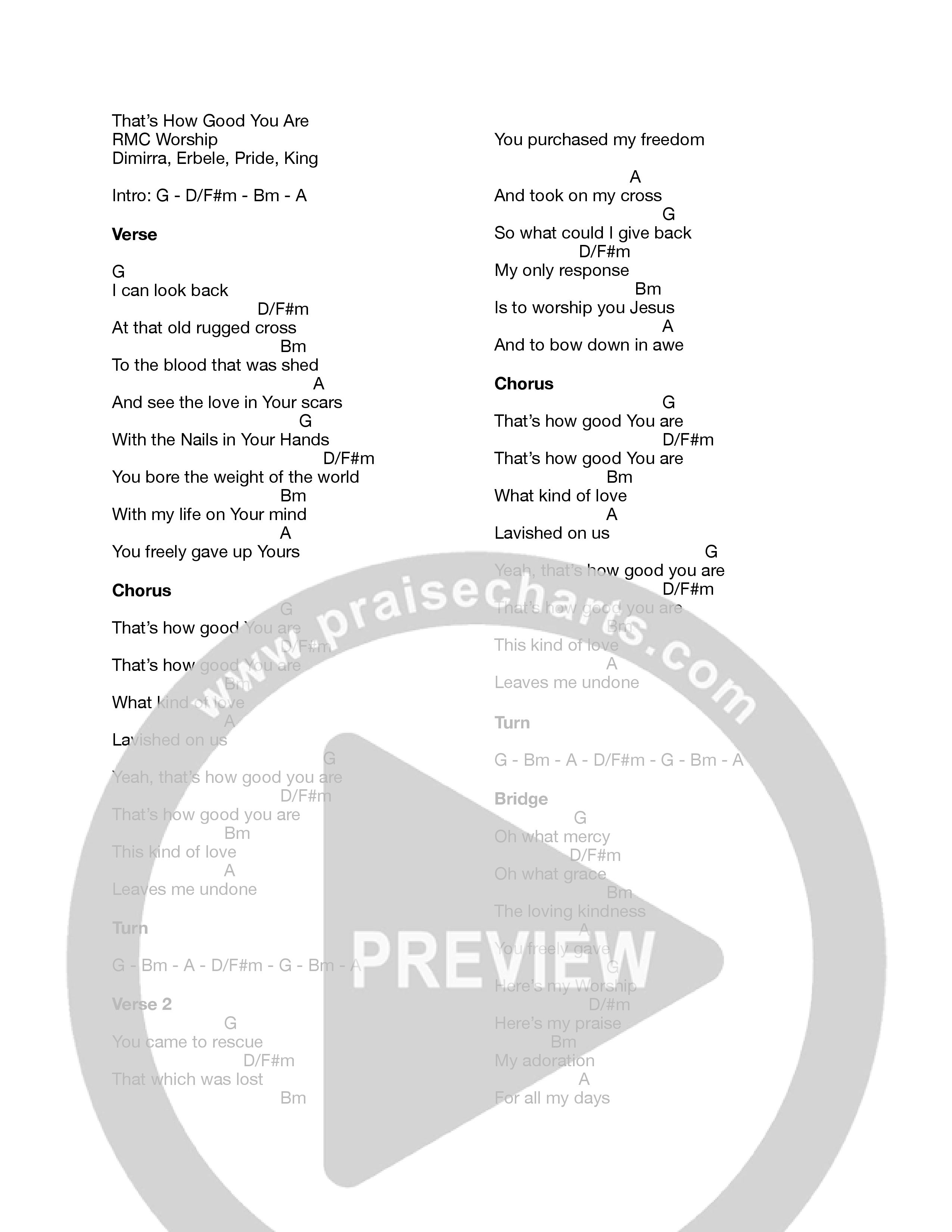 That's How Good You Are (Live) Chord Chart (RMC Worship / Billy DiMirra / Gissel Morris)