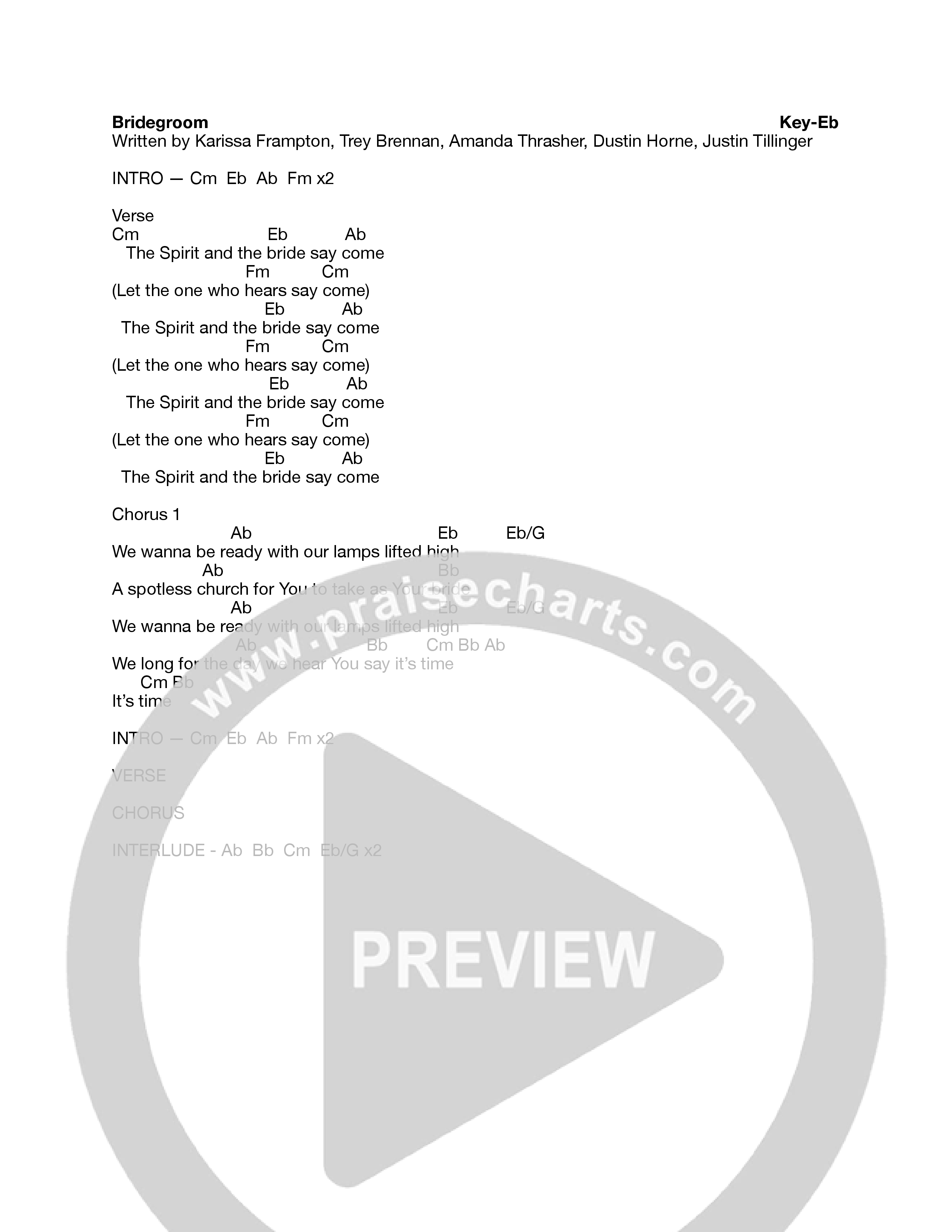 Bridegroom Chord Chart (Heart Of The Father Worship / Justin Tillinger)