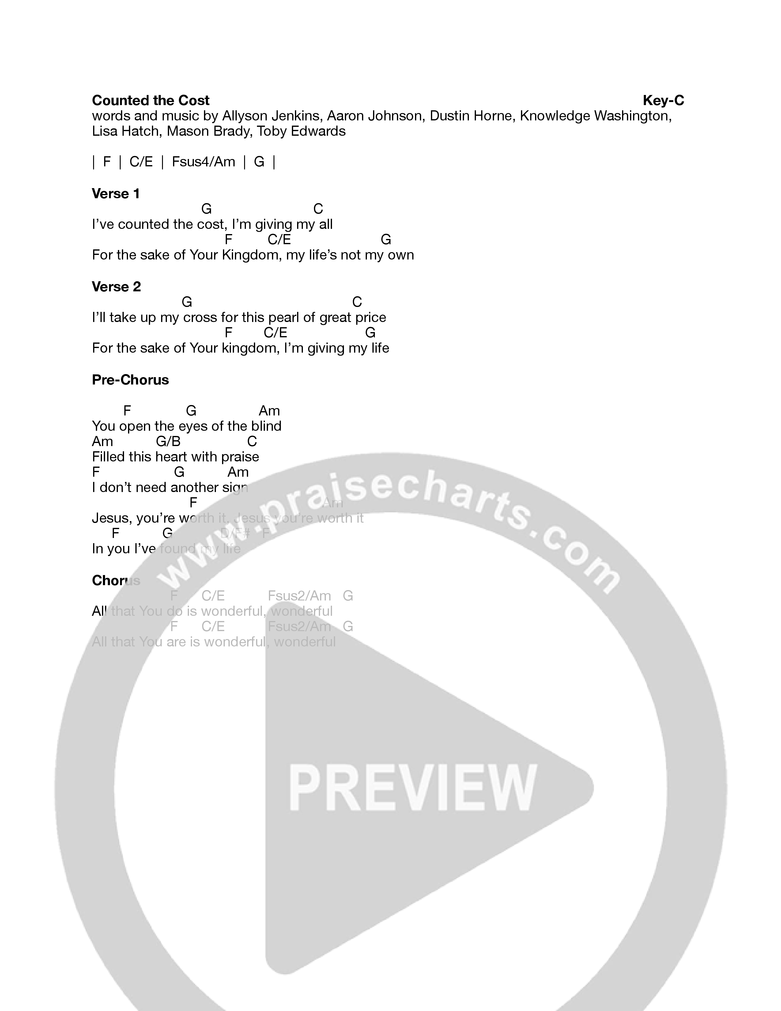 Counted the Cost Chord Chart (Heart Of The Father Worship / Justin Tillinger)