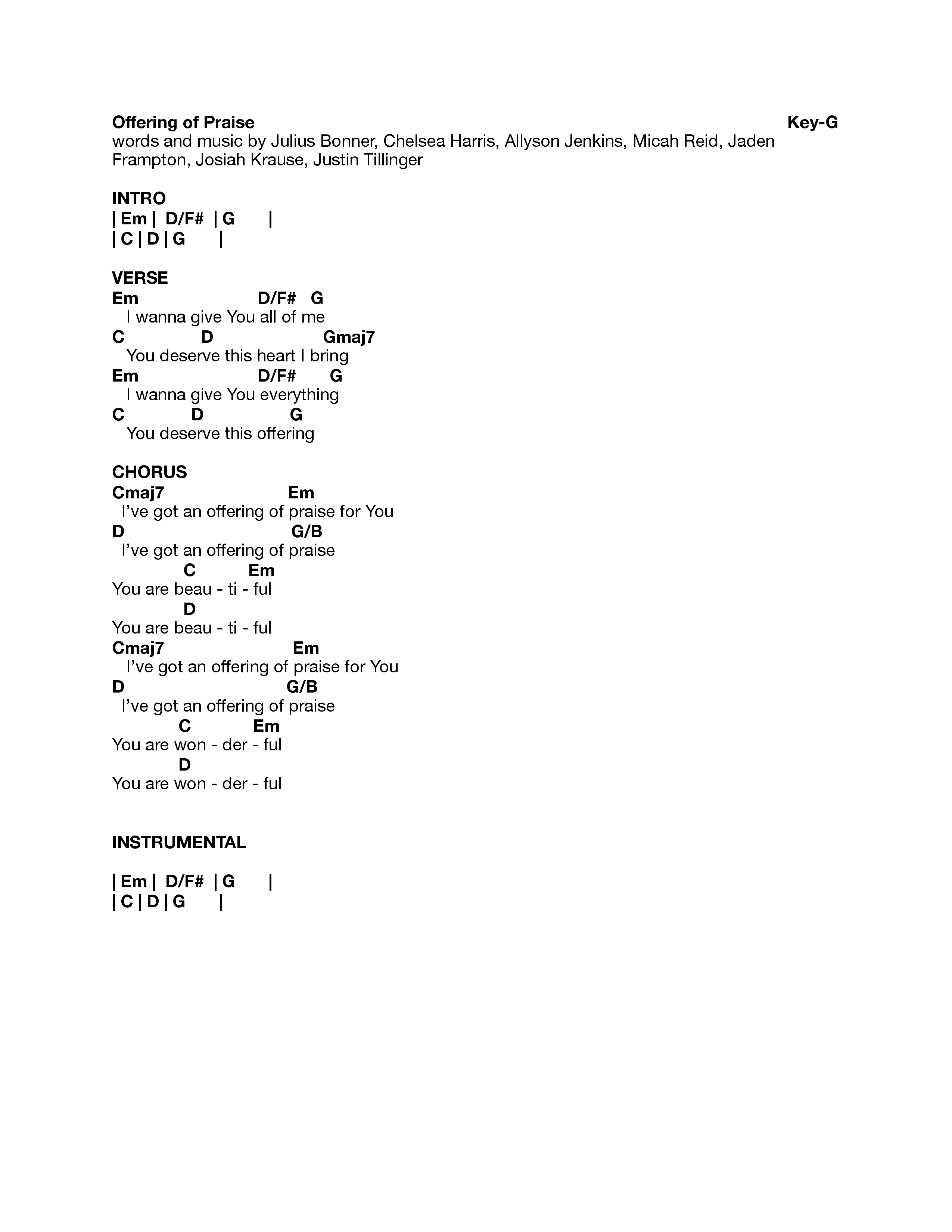 Offering Of Praise Chord Chart (Heart Of The Father Worship / Justin Tillinger)