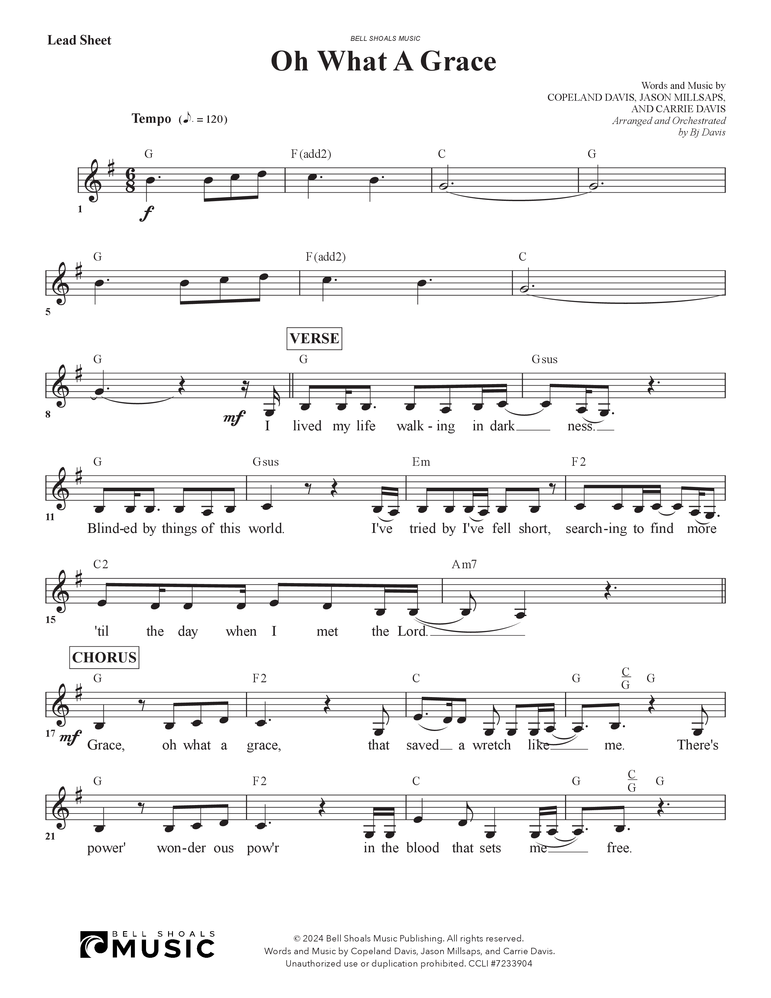 Oh What A Grace Lead Sheet (SAT) (Arr. BJ Davis / Bell Shoals Music)