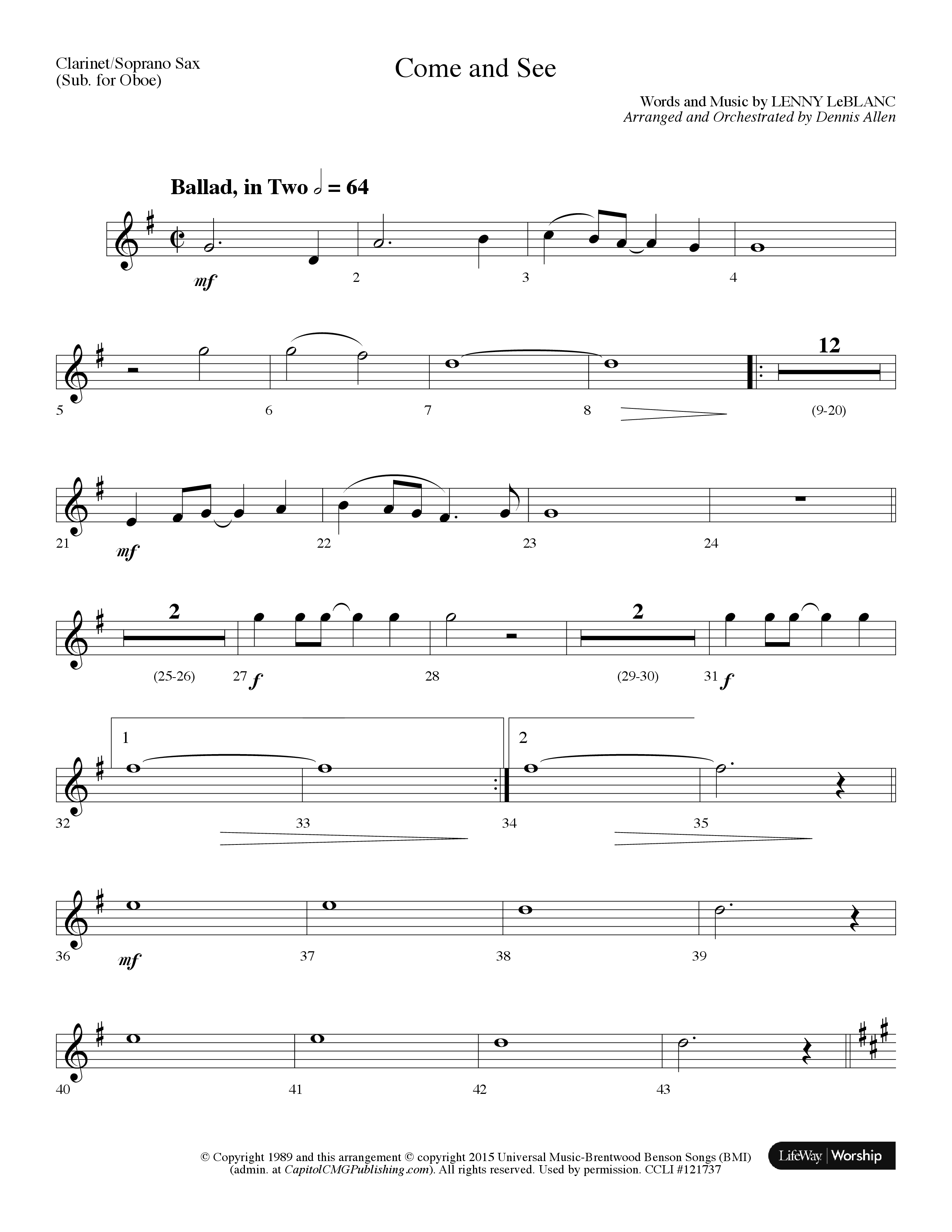 Come And See (with Finale: Christmas Angels) (Choral Anthem SATB) Clarinet/Soprano Sax (Lifeway Choral / Arr. Dennis Allen)