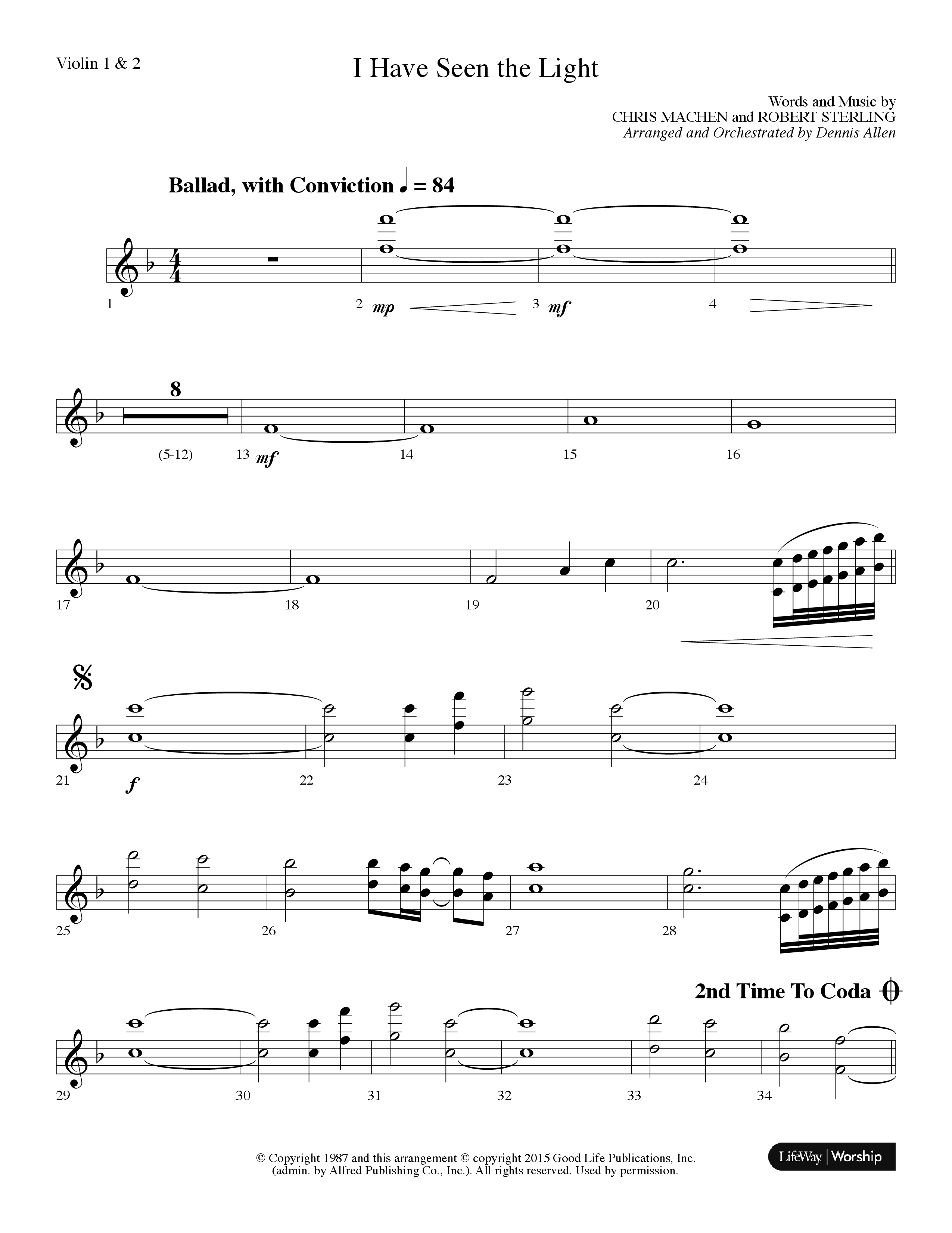 I Have Seen The Light (Choral Anthem SATB) Violin 1/2 (Lifeway Choral / Arr. Dennis Allen)