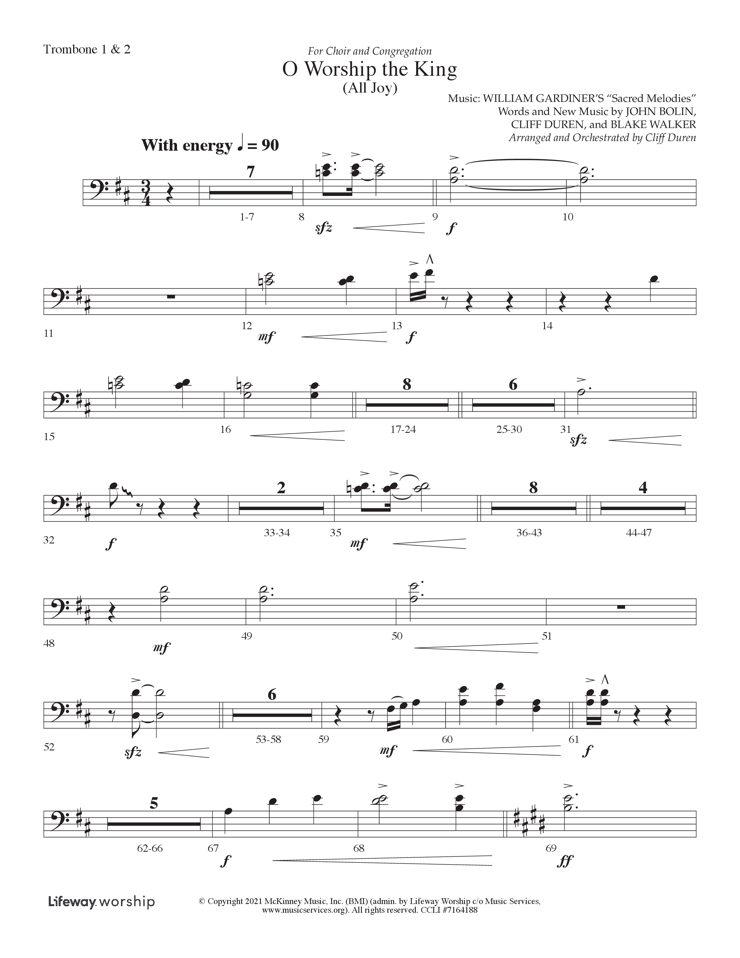 O Worship The King (All Joy) (Choral Anthem SATB) Trombone 1/2 (Lifeway Choral / Arr. Cliff Duren)
