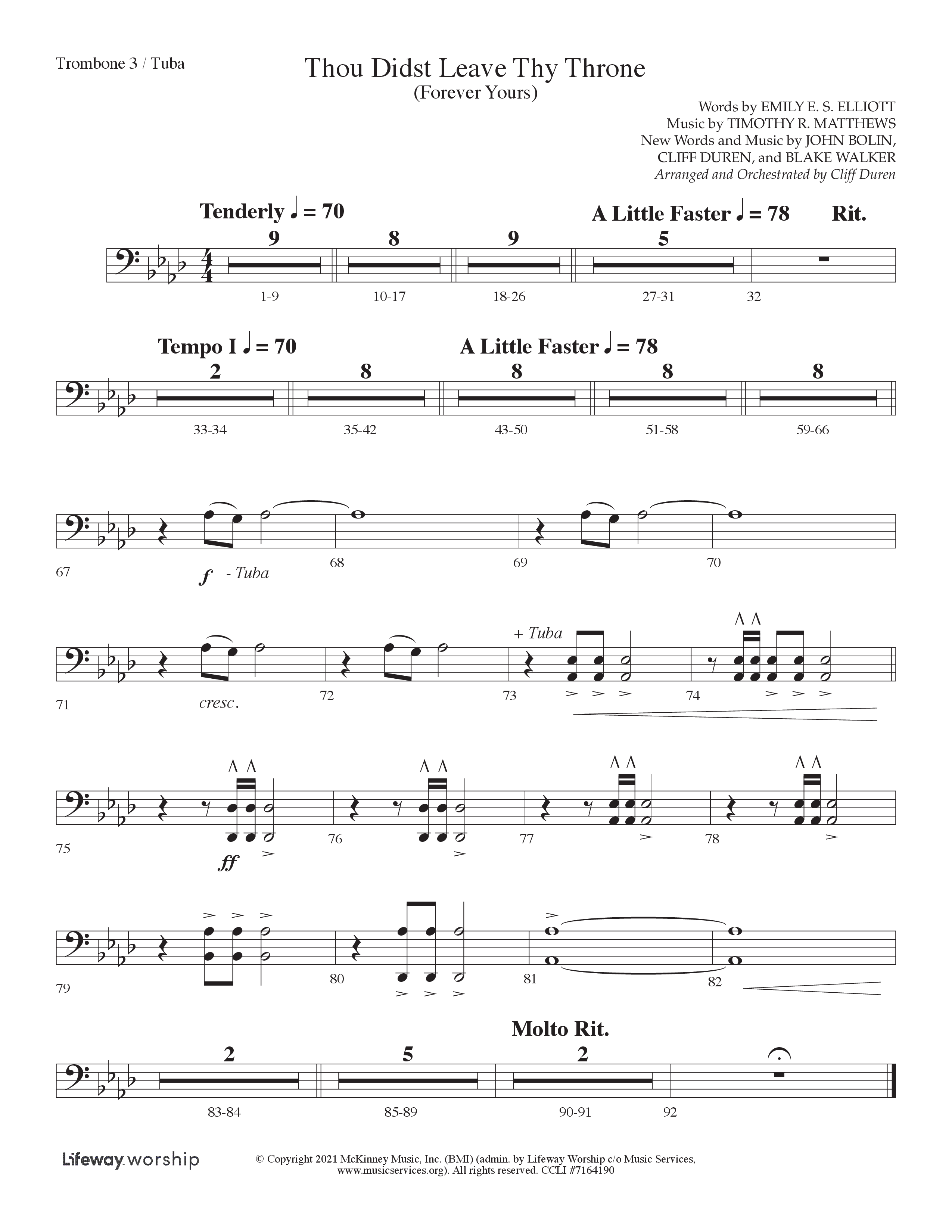 Thou Didst Leave Thy Throne (Forever Yours) (Choral Anthem SATB) Trombone 3/Tuba (Lifeway Choral / Arr. Cliff Duren)