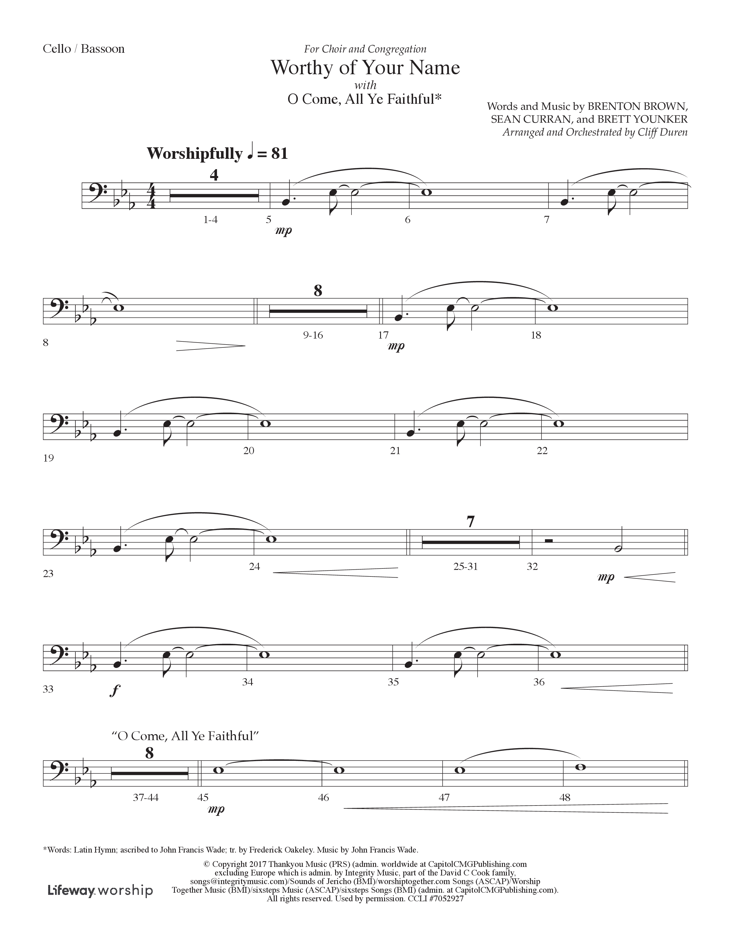 Worthy Of Your Name (Choral Anthem SATB) Cello (Lifeway Choral / Arr. Cliff Duren)