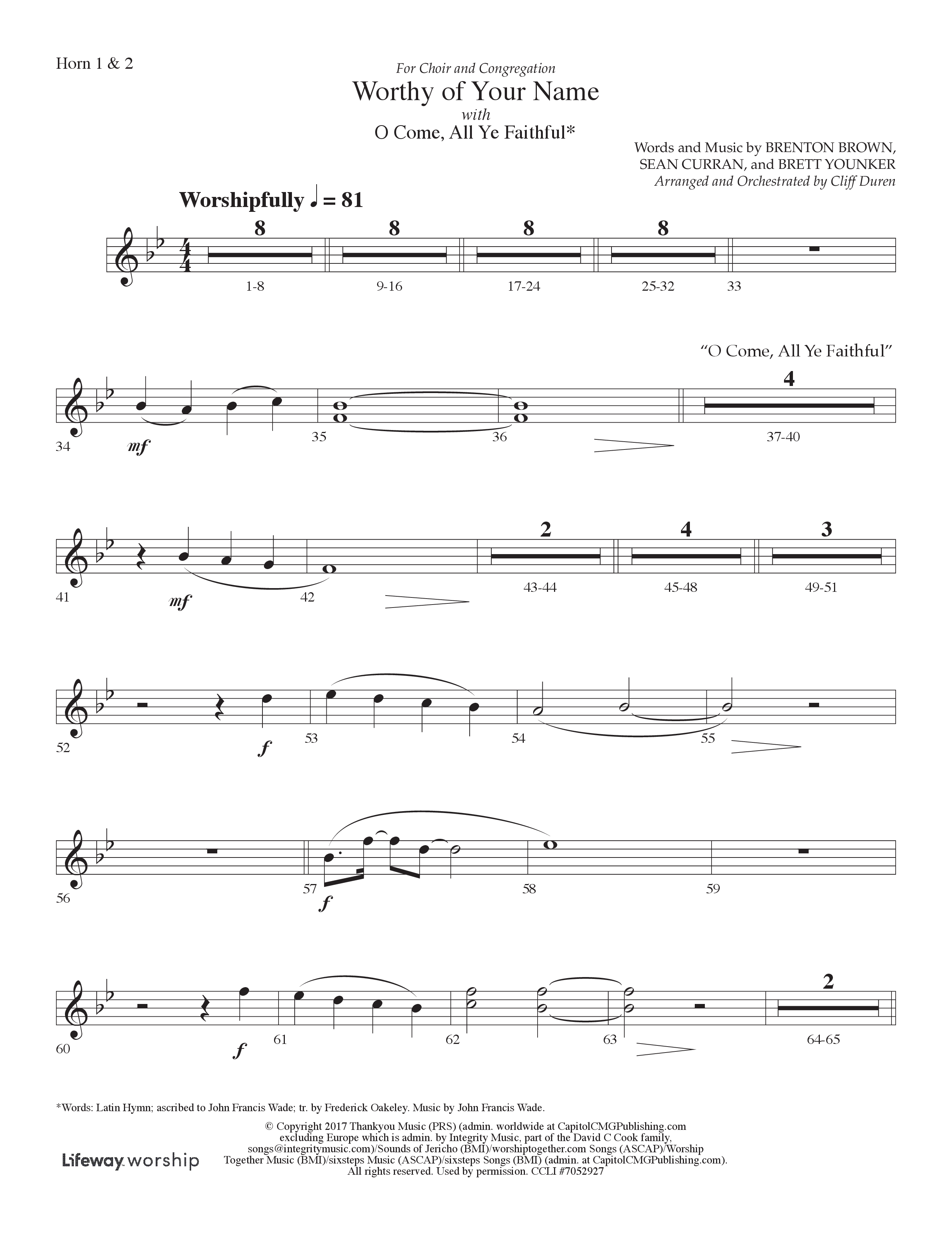 Worthy Of Your Name (Choral Anthem SATB) French Horn 1/2 (Lifeway Choral / Arr. Cliff Duren)