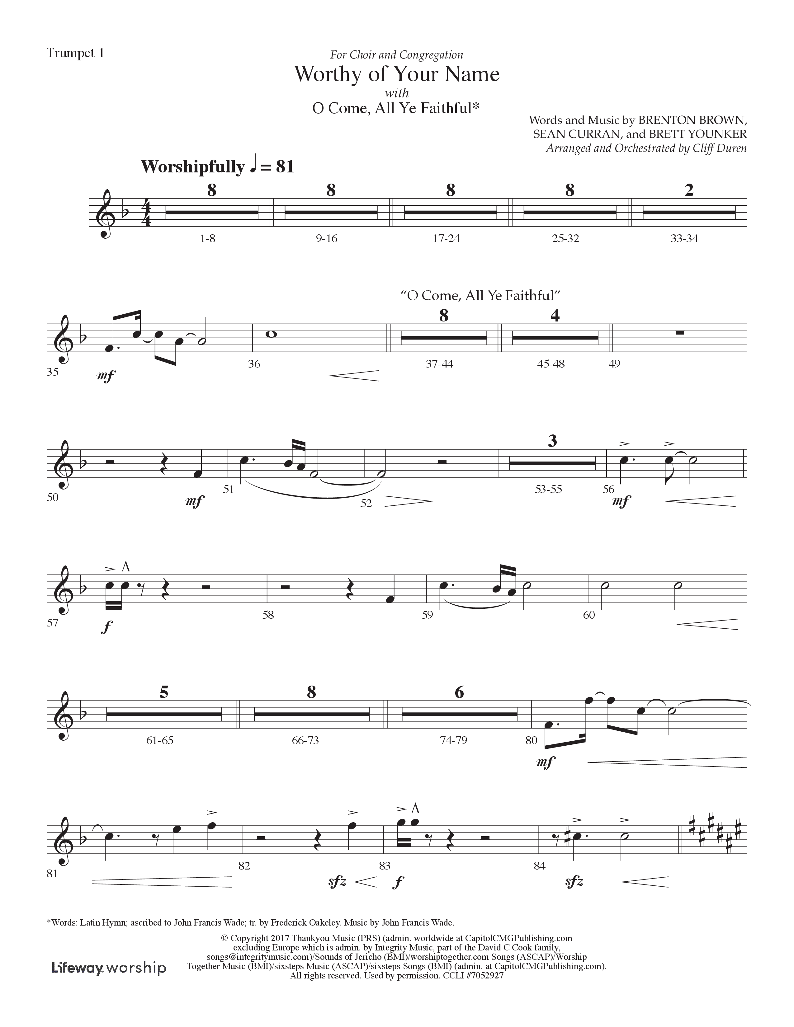 Worthy Of Your Name (Choral Anthem SATB) Trumpet 1 (Lifeway Choral / Arr. Cliff Duren)