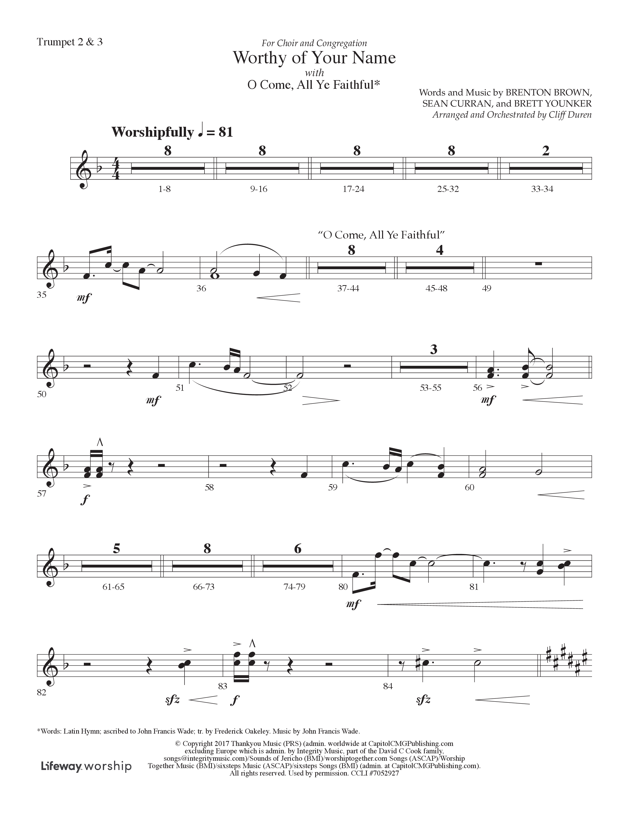 Worthy Of Your Name (Choral Anthem SATB) Trumpet 2/3 (Lifeway Choral / Arr. Cliff Duren)
