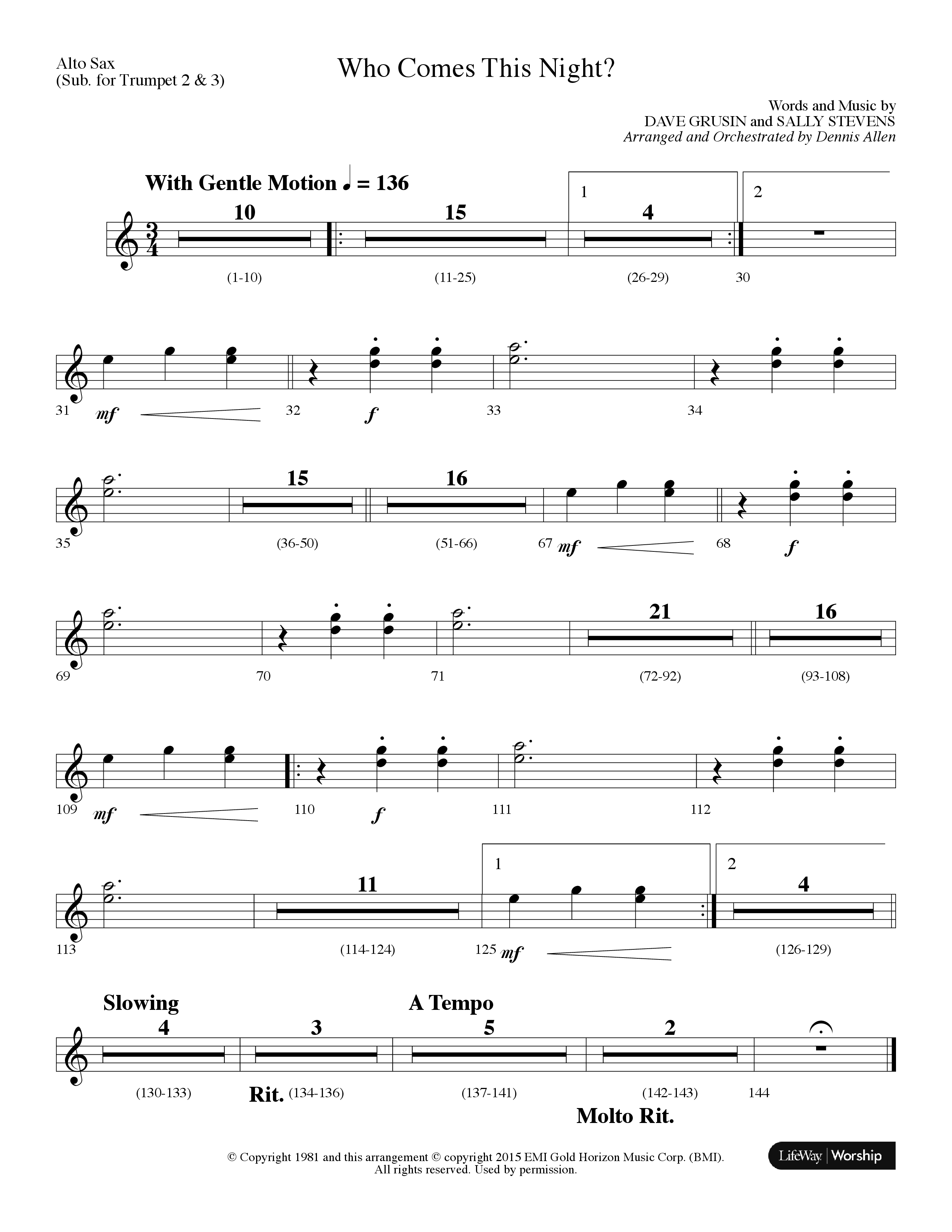 Who Comes This Night (Choral Anthem SATB) Alto Sax (Lifeway Choral / Arr. Dennis Allen)