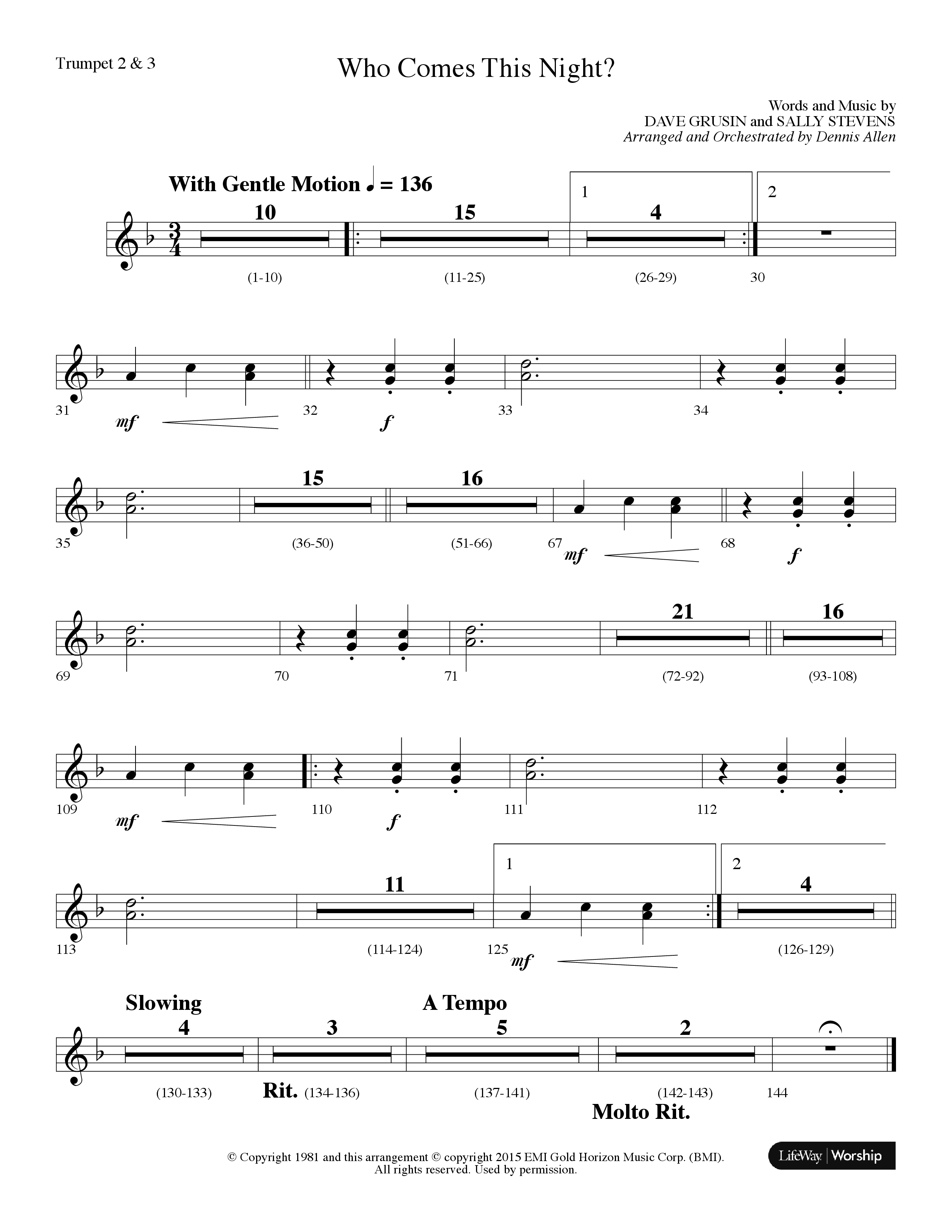 Who Comes This Night (Choral Anthem SATB) Trumpet 2/3 (Lifeway Choral / Arr. Dennis Allen)