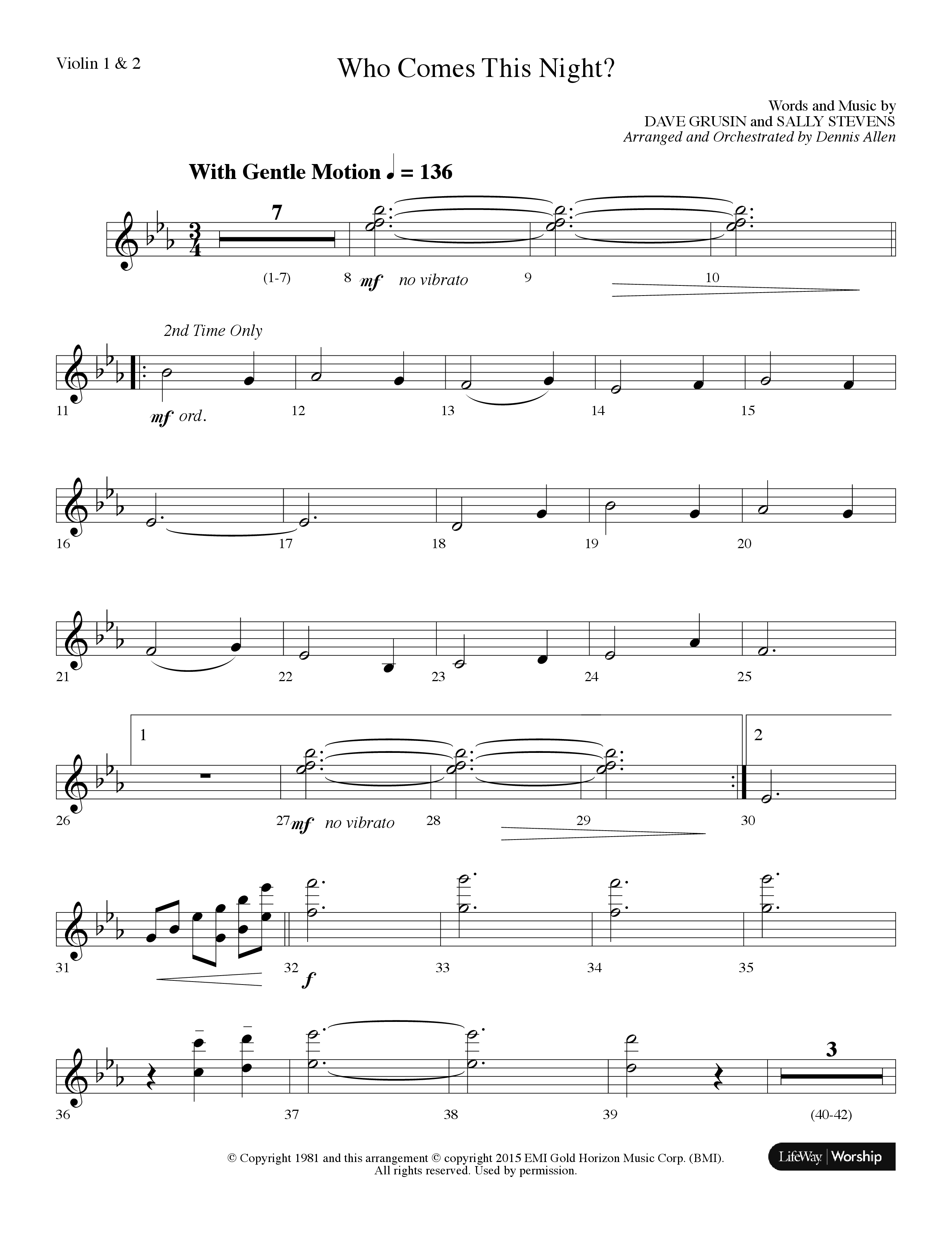 Who Comes This Night (Choral Anthem SATB) Violin 1/2 (Lifeway Choral / Arr. Dennis Allen)